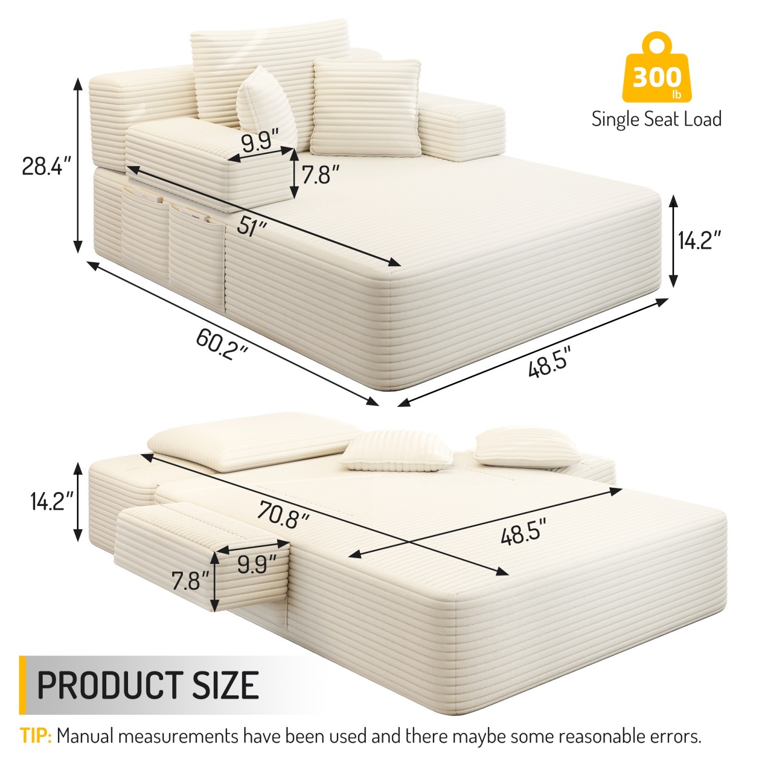 Modern Plush Corduroy Sofa Bed Chaise Lounge No Assembly Required with 3 Pillows