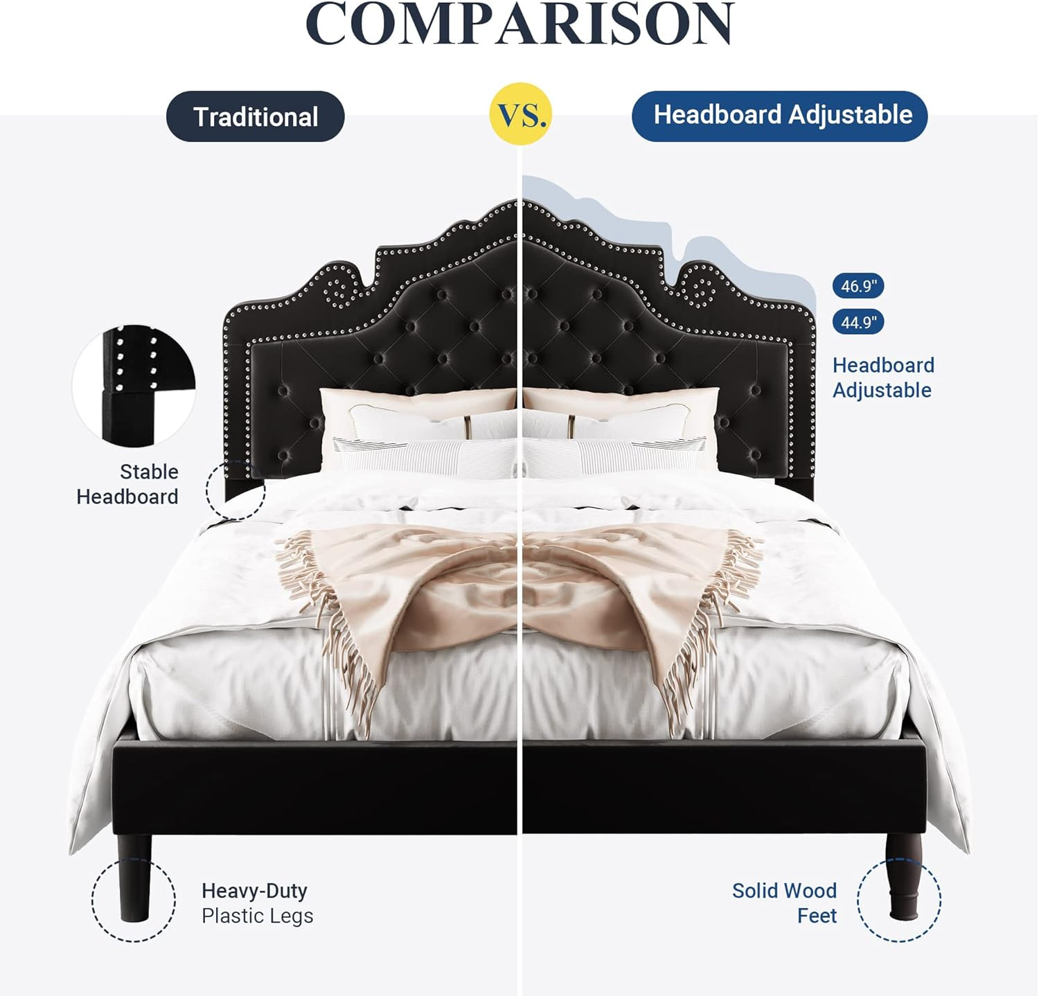 King Size Platform Bed Frame with Adjustable Velvet Tiara Headboard, Upholstered