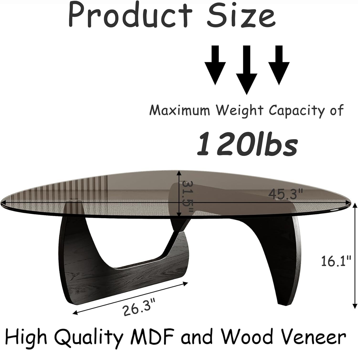 Modern Coffee Table Triangle Tempered Glass Top Black 42.5×28.5×16.1 Inches