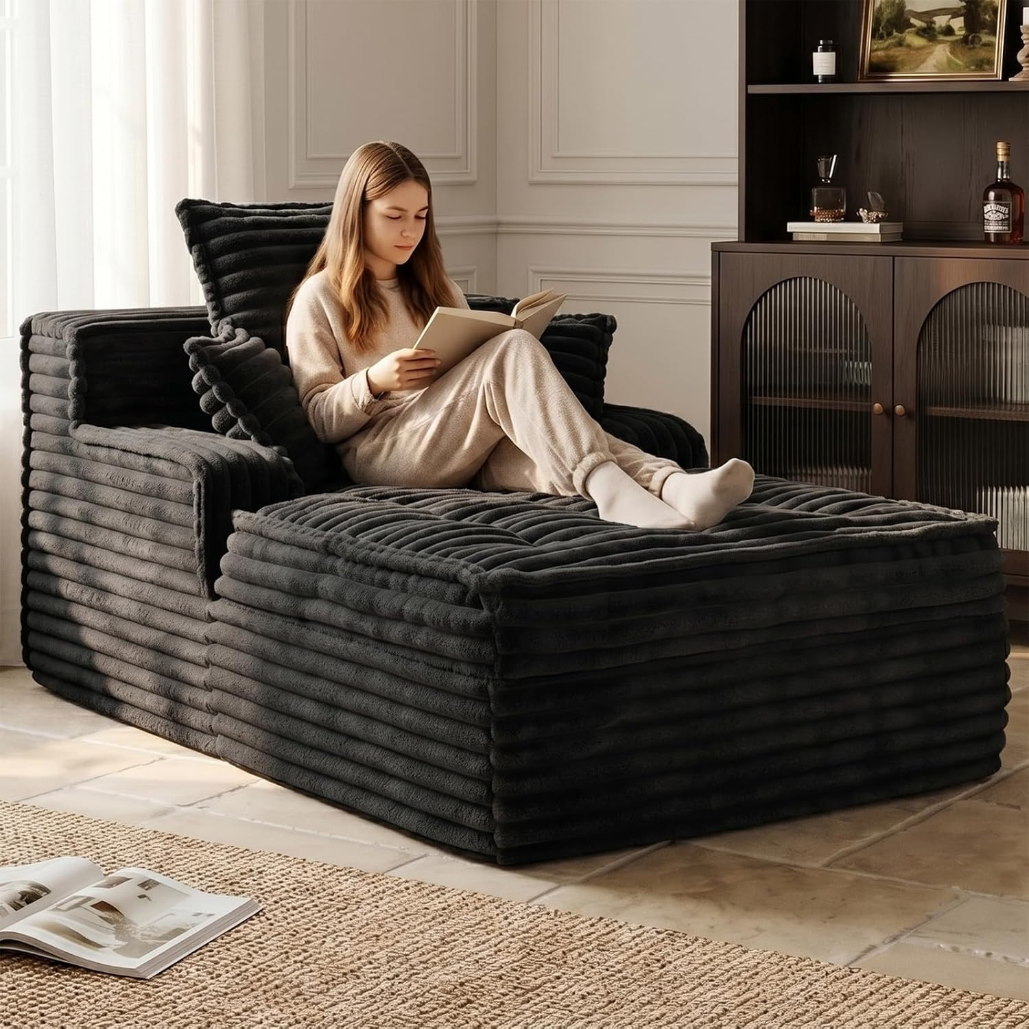 Boneless Chaise Lounge Couch Small Corduroy Sofa Bed with Pillows