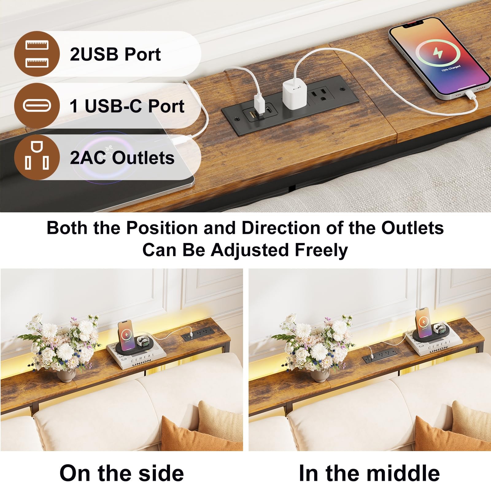 79in Behind The Couch Table Skinny Adjustable Height Sofa Table with Outlet N…