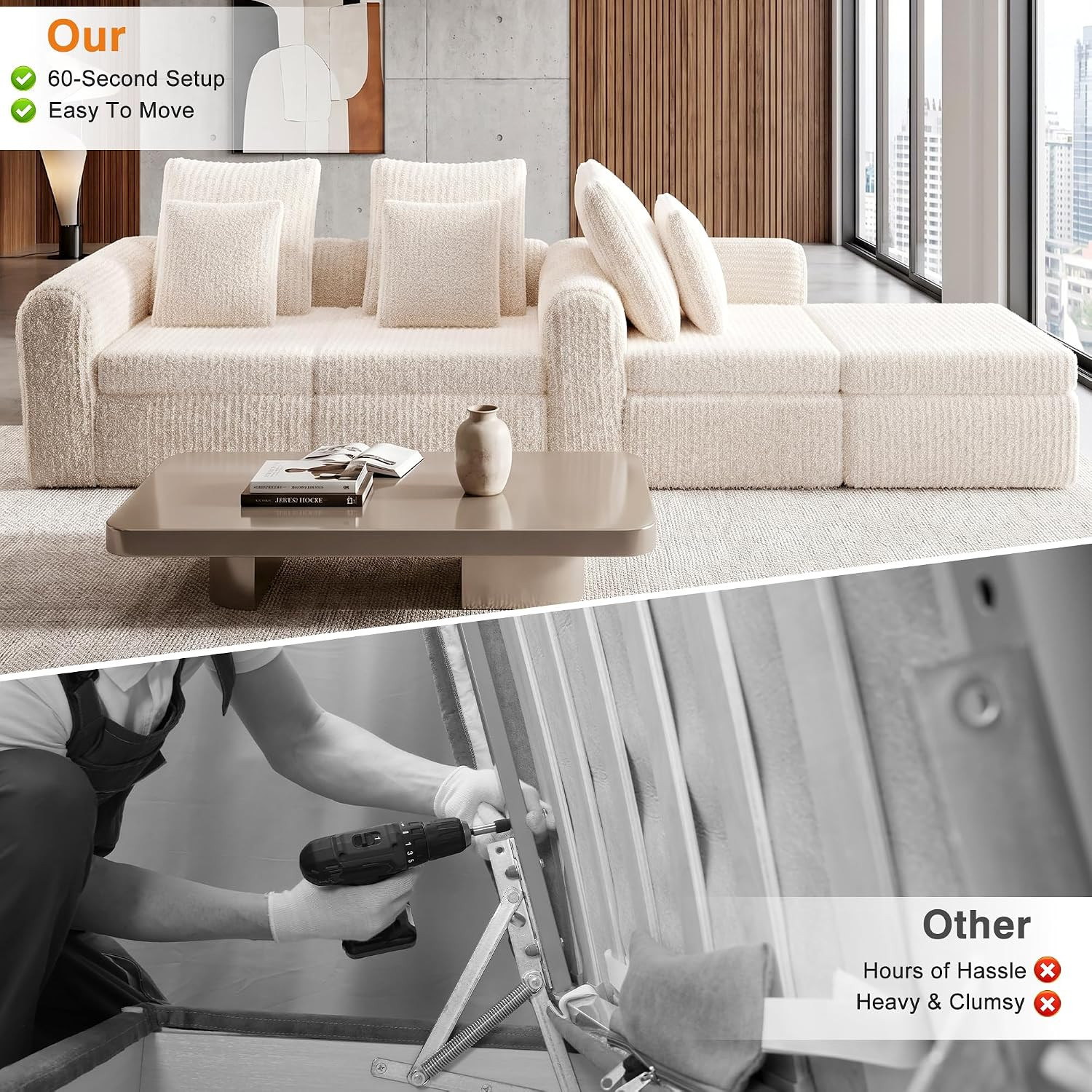 Modern Modular Sectional Sofa with Chaise – Beige Deep Seat Couch