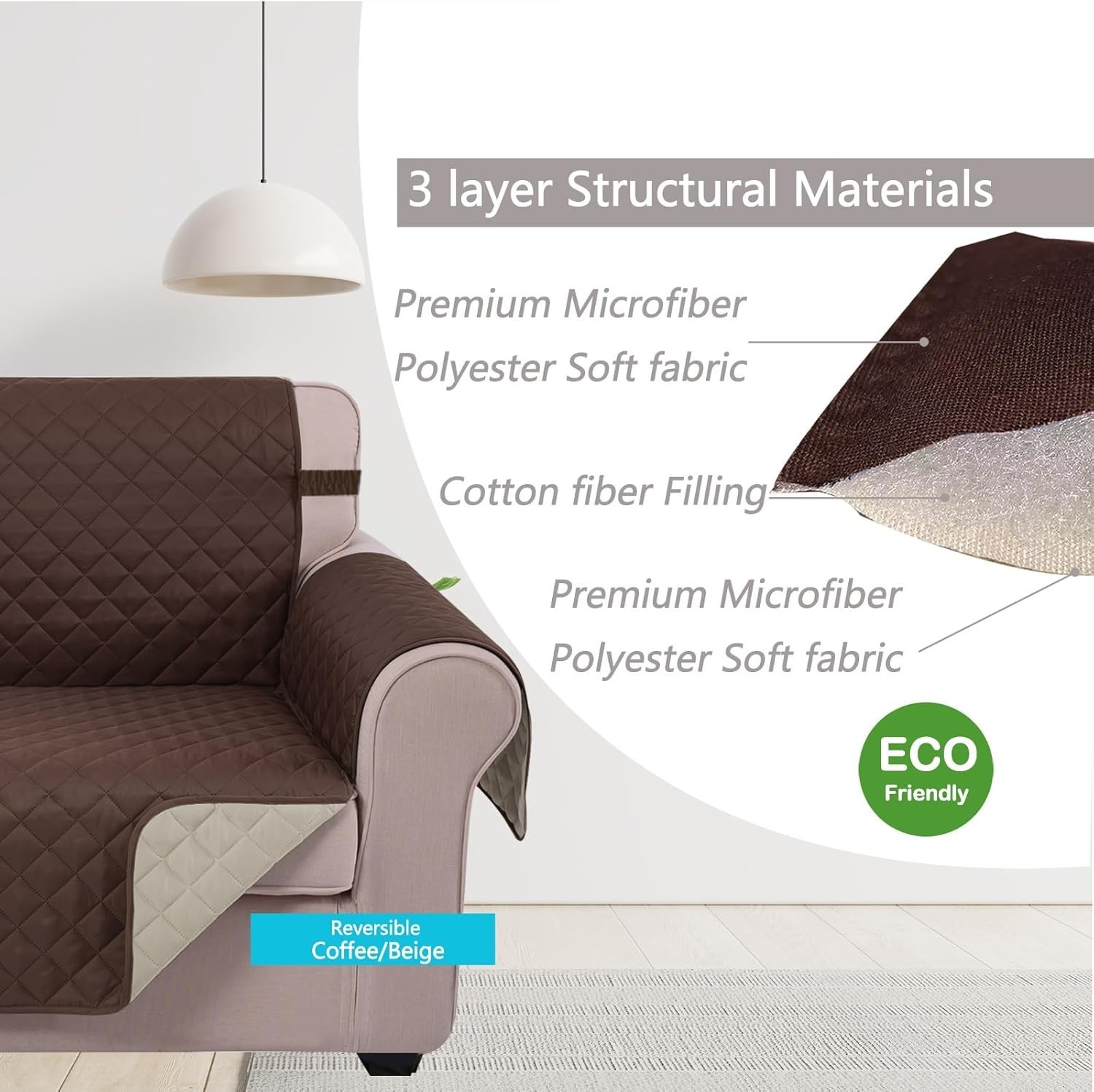 Pet-Friendly Reversible Couch Cover, Stain Resistant, Coffee/Beige for 68″ Sofa