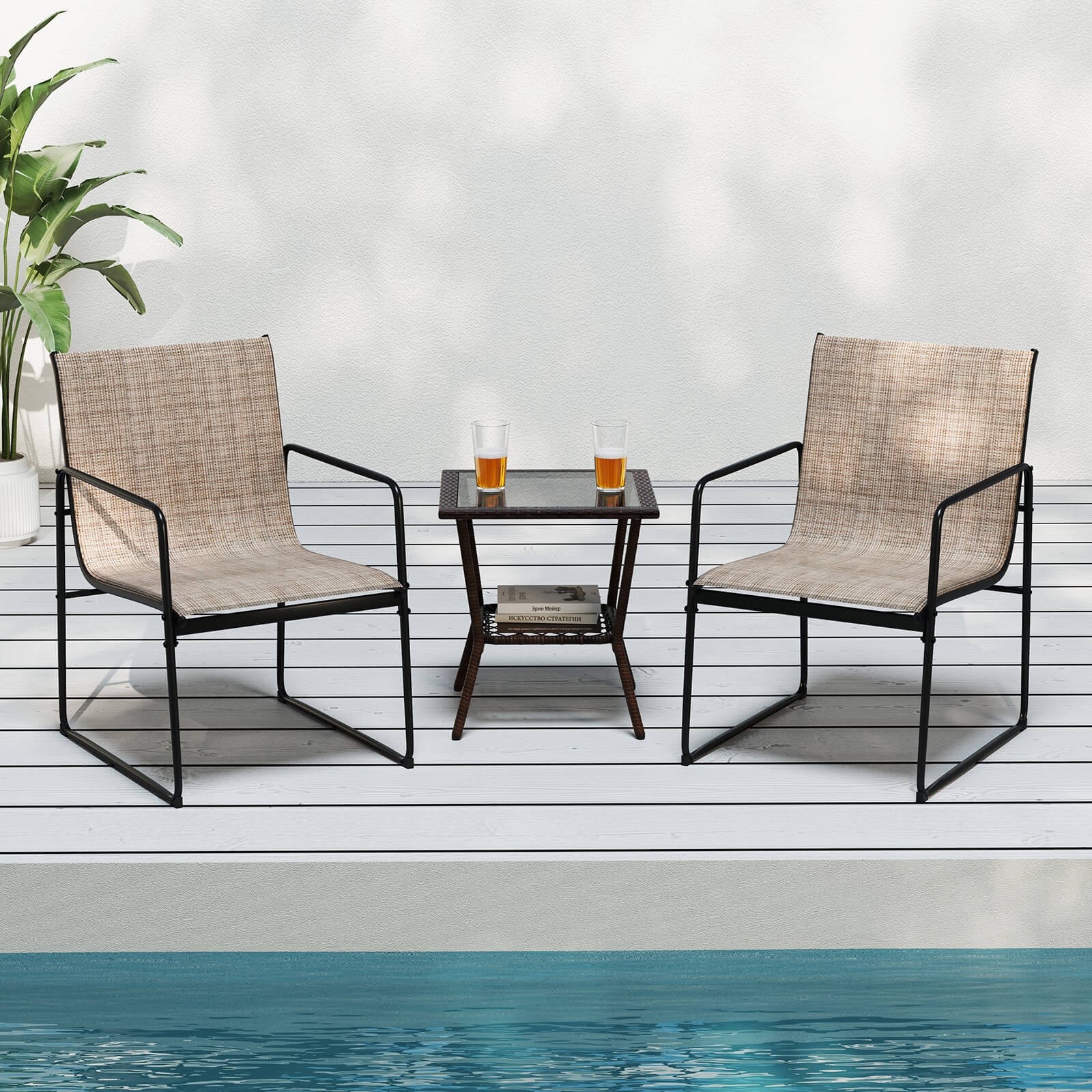2 PCS Outdoor Dining Chairs Patio Furniture Chair with Breathable Seat &