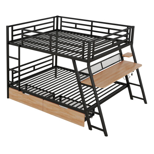 Full Size Metal Bunk Bed Frames with Built-in Desk LED Light and Storage Drawers