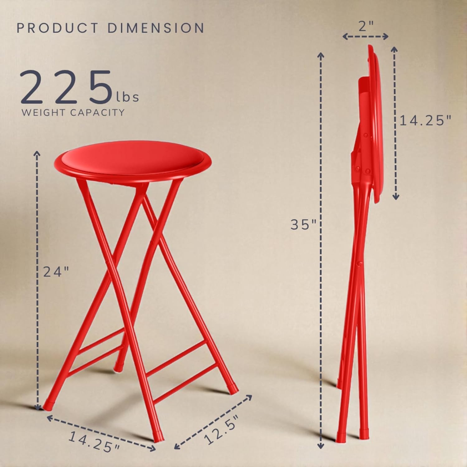 2 Red Folding Stool Chairs 24-Inch Counter Height Backless 225lb Capacity