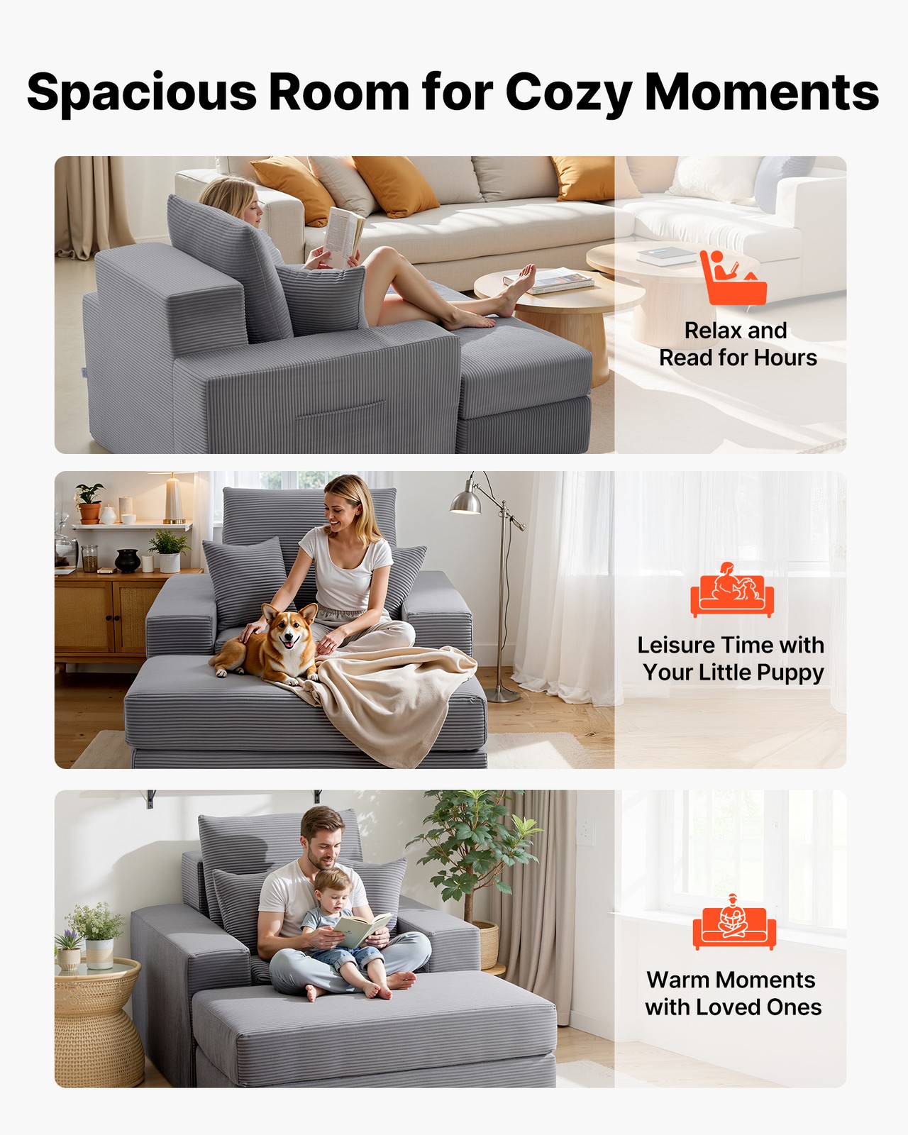 VEVOR Chaise Lounge Chair 44 in Boneless Modular Chaise Lounge Indoor Grey