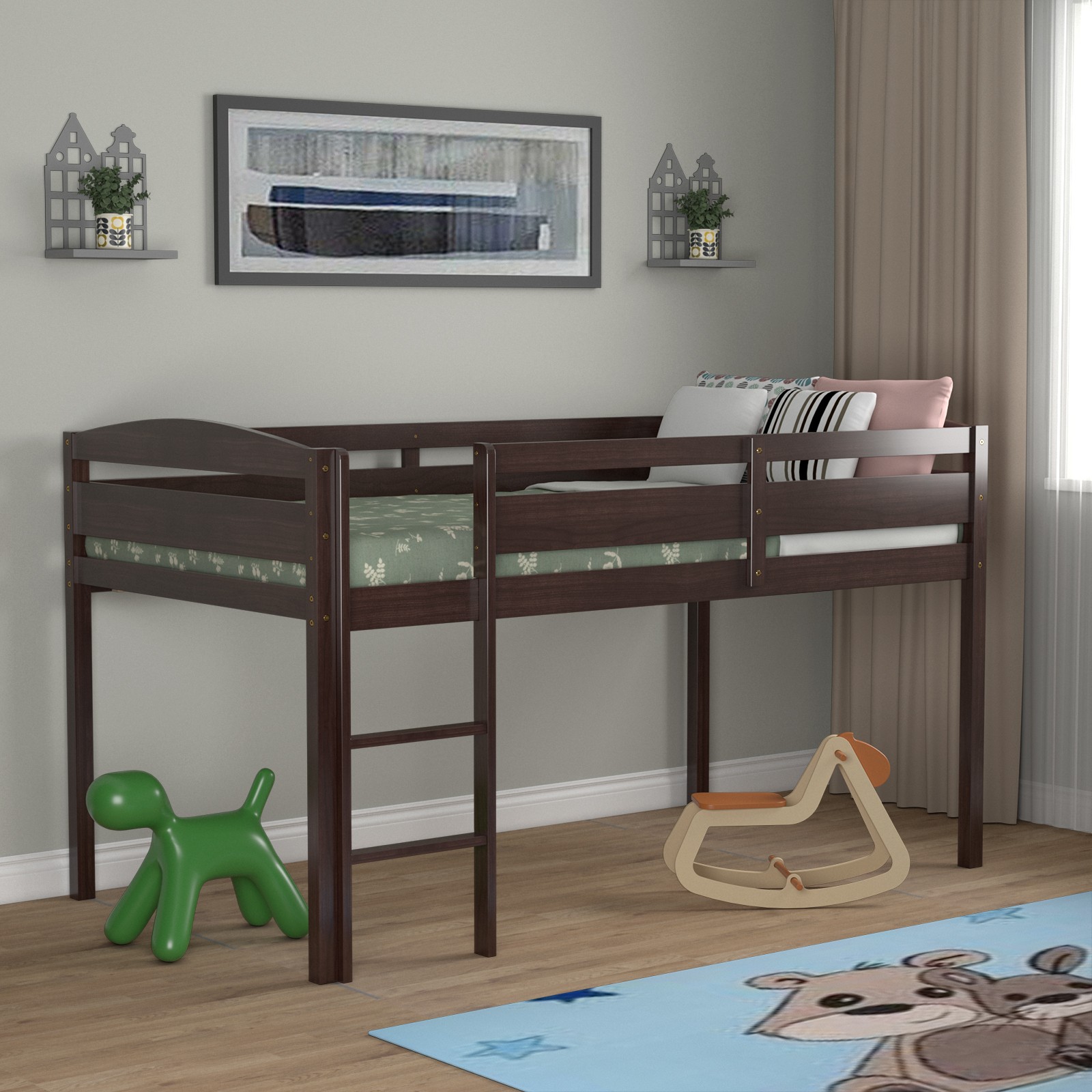 Costway Twin Low Loft Bunk Junior Bed Bedroom Wooden Guard Rail Ladder