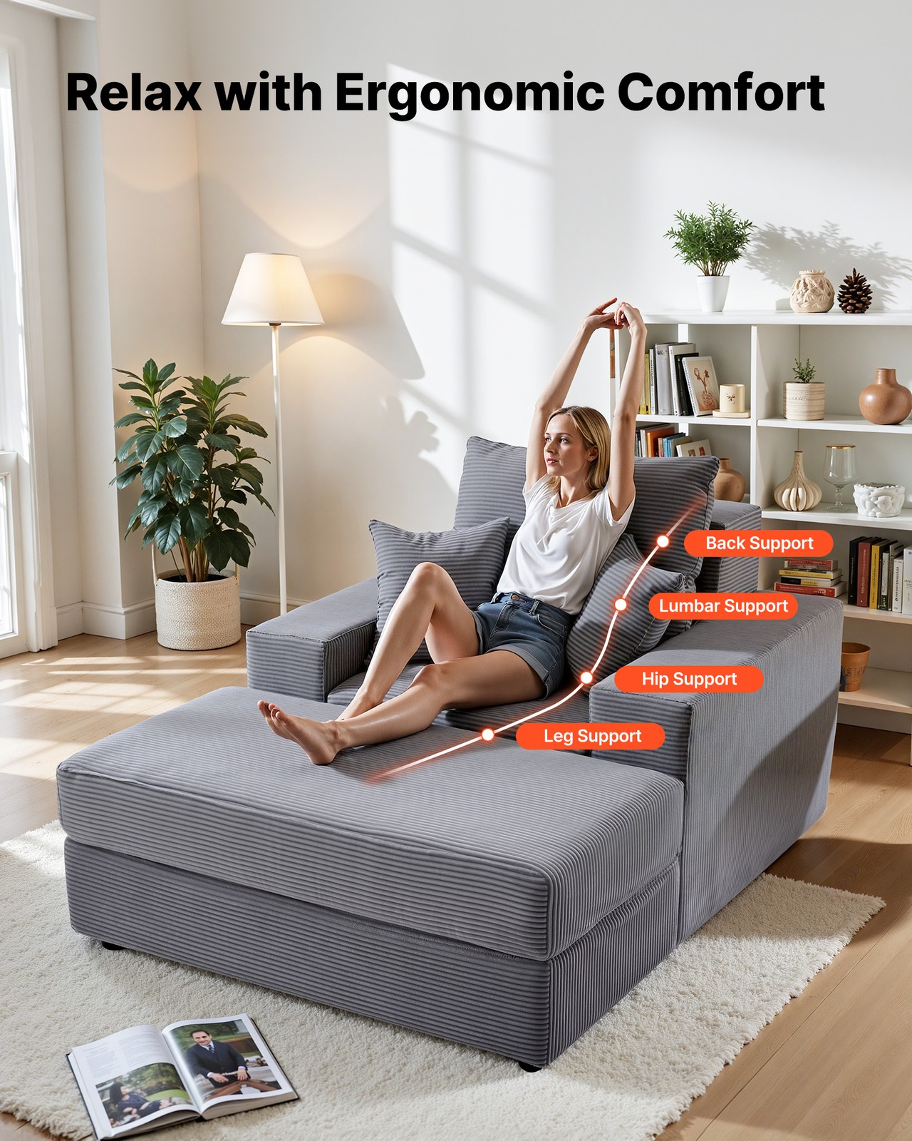 VEVOR Chaise Lounge Chair 44 in Boneless Modular Chaise Lounge Indoor Grey