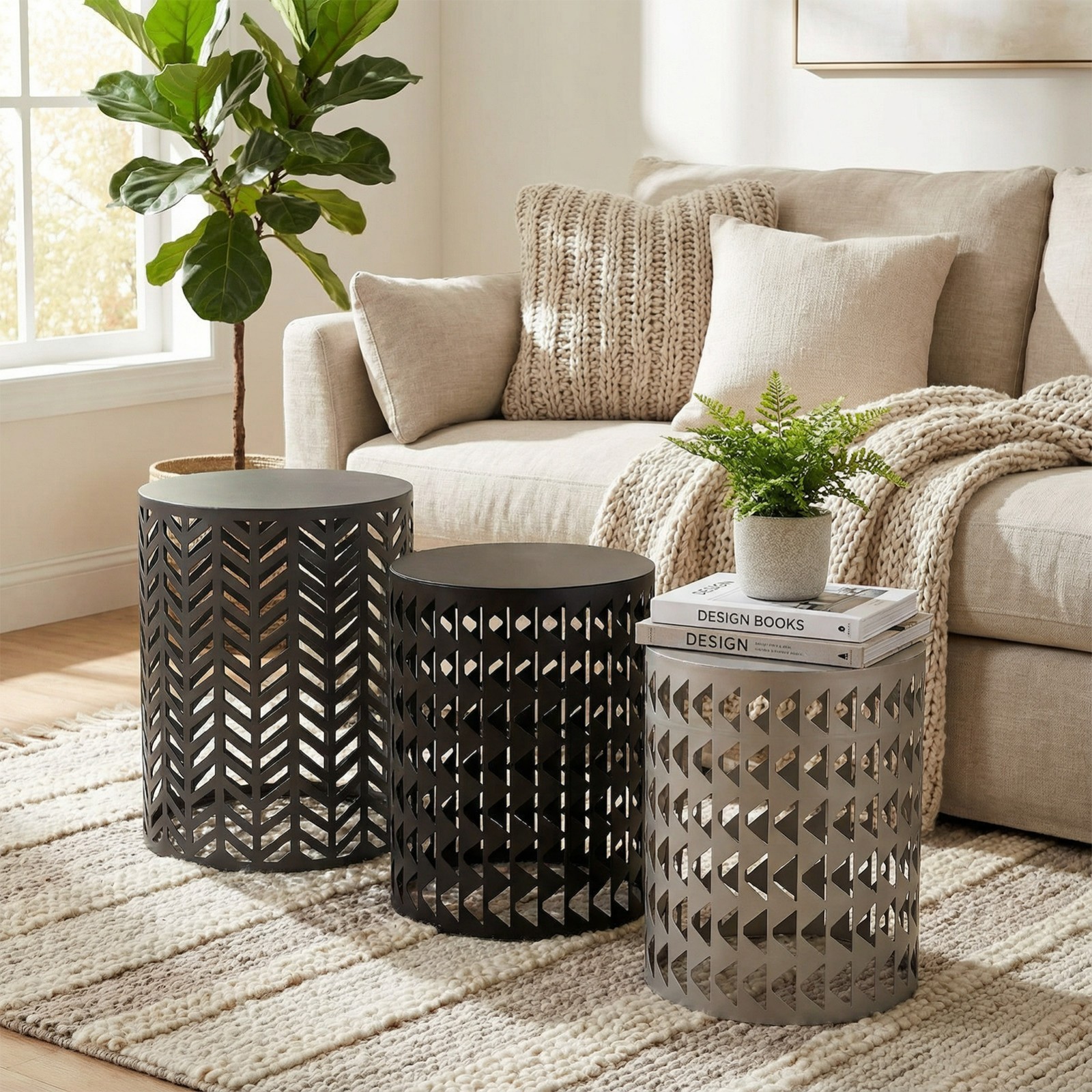 3PCS Garden Metal Stool Cylindrical Pad Stool Set Outdoor Terrace Decoration