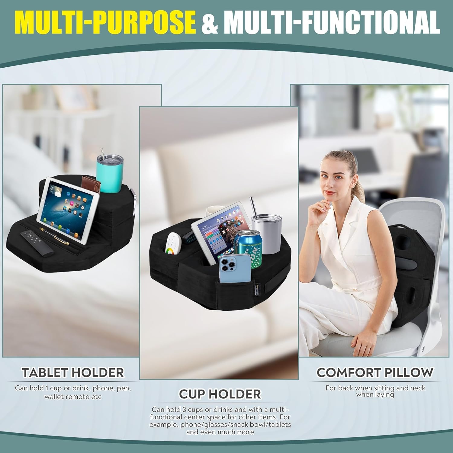 TabCouchCaddy Octagonal Couch Cup Holder Tray Pillow – Bed, Couch Caddy, Sofa, R