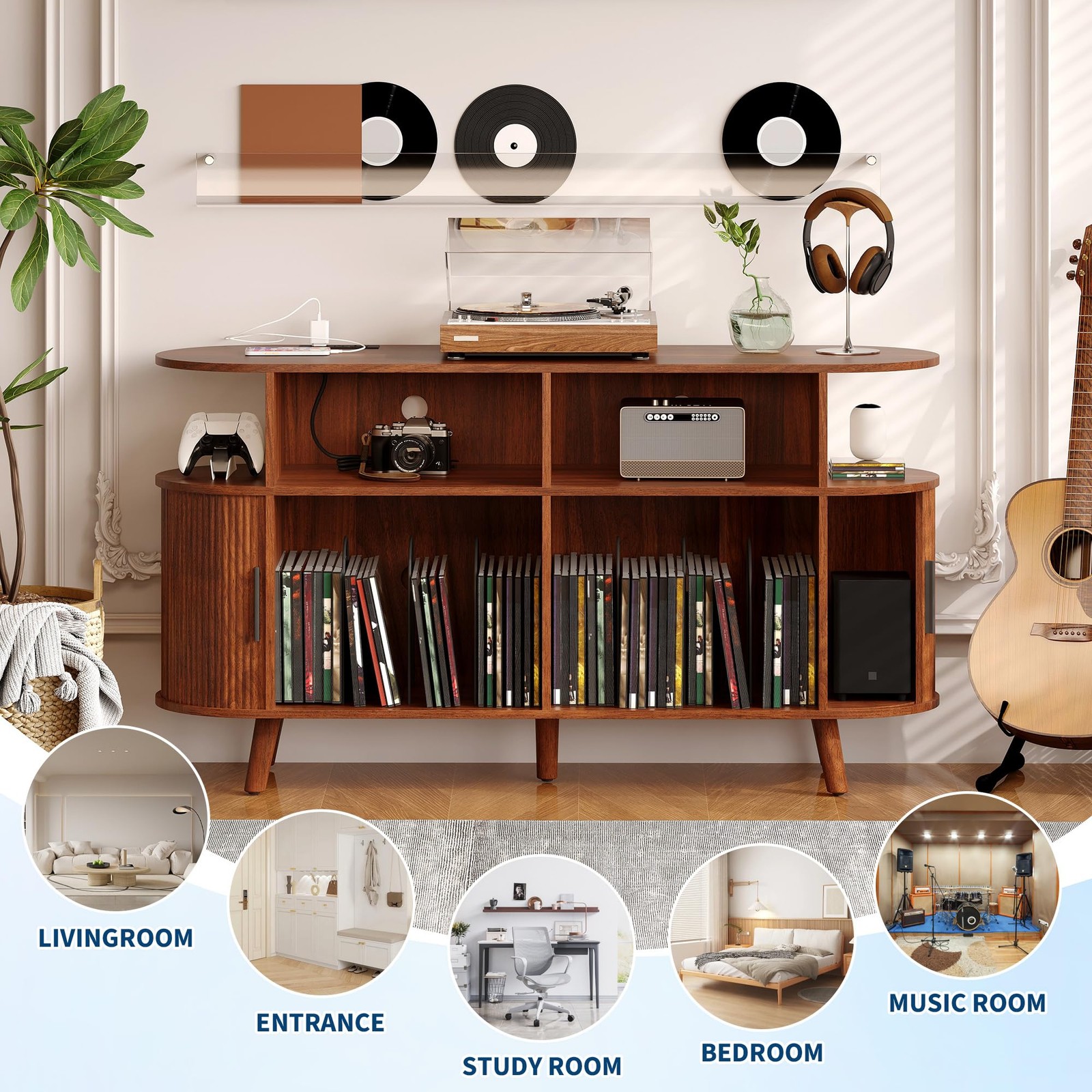 55″ Large Record Player Stand, Vinyl Storage Cabinet for 300 Records Walnut