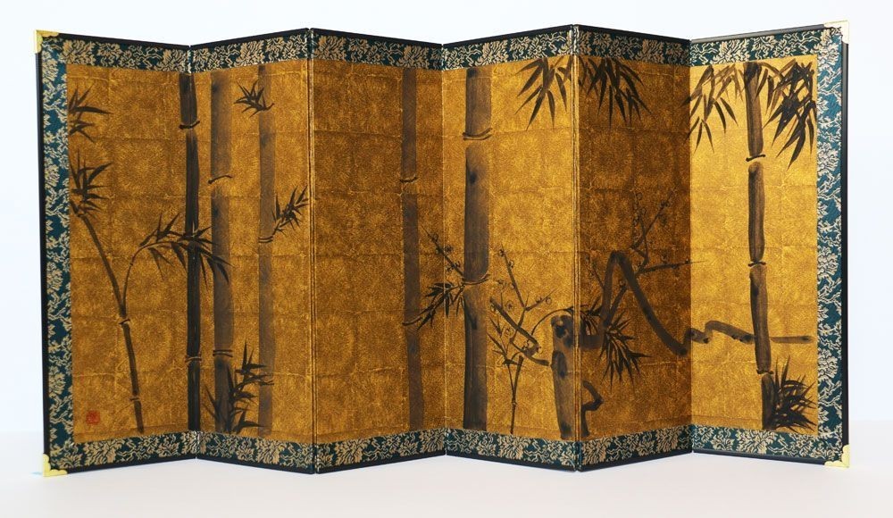 Mini Folding Screen 6-Panel Hand-Painted Ink Bamboo Plum Gold Ground Boxed Japan