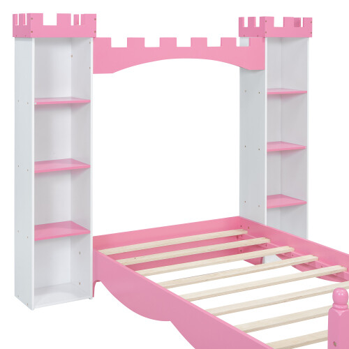 Castle-Shaped Platform Bed with Storage Shelves Both Side Wooden Bed Frames Twin