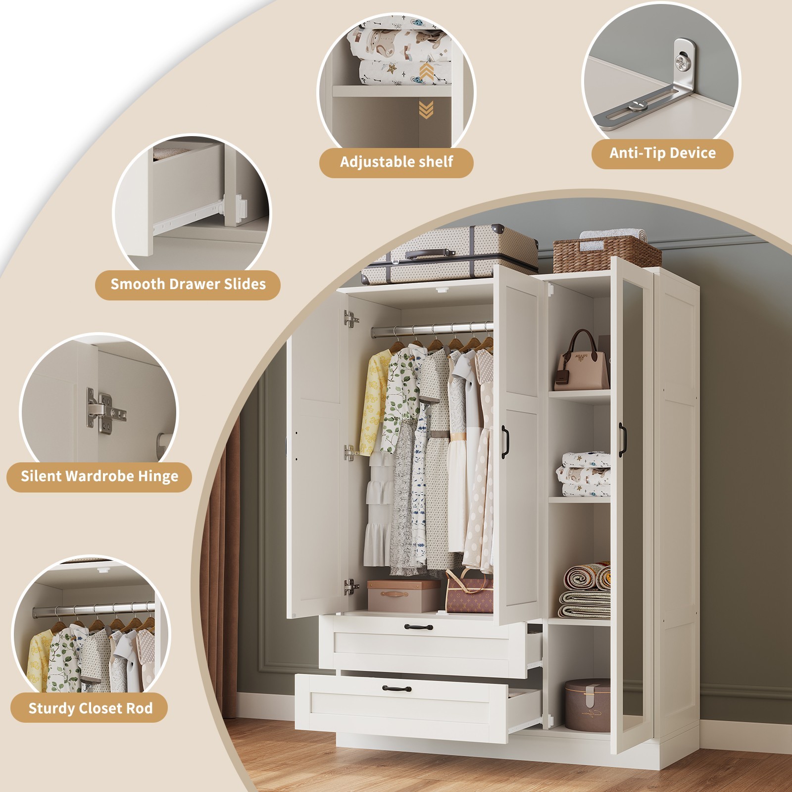 Narrow Armoire Wardrobe Closet with Mirror Hanging Rod 2 Drawers Storage