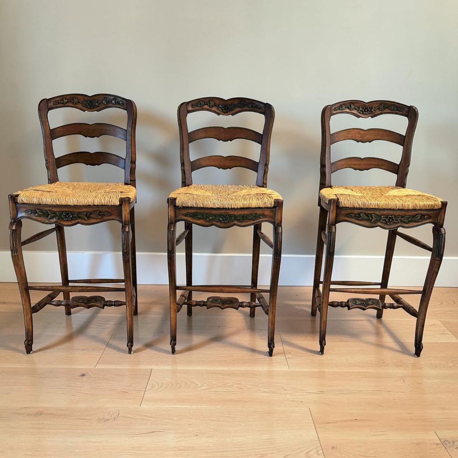 ENC-1200: Set of 3 French Country Carved Wood Rush Seat Bar Stools