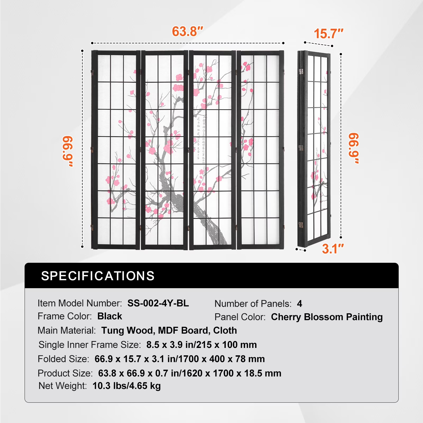 4-Panel Japanese Room Divider Screen, Wooden Folding Privacy Screen for Indoor U
