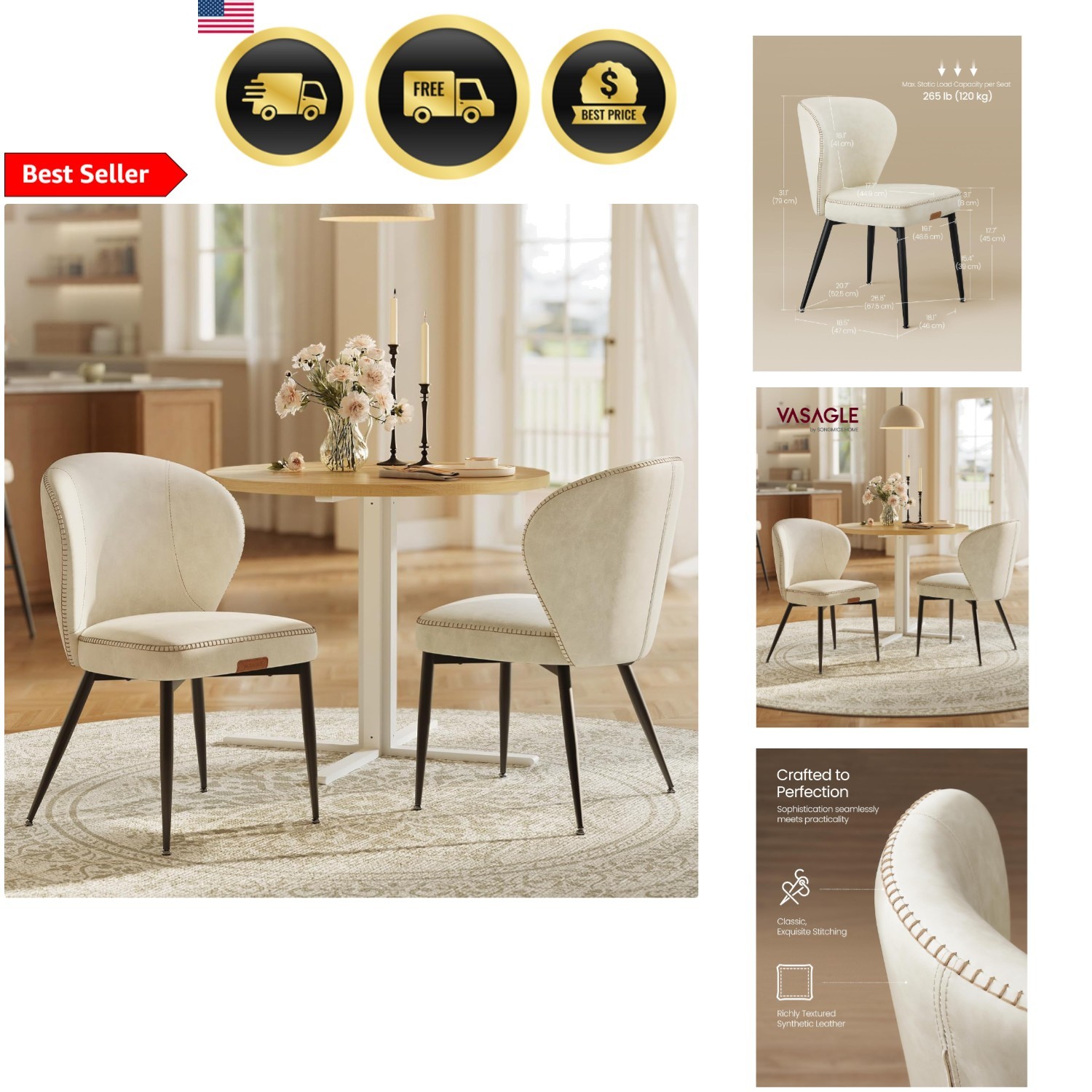 Dining Chairs Set of 2 Modern Upholstered Kitchen Chairs Cream White