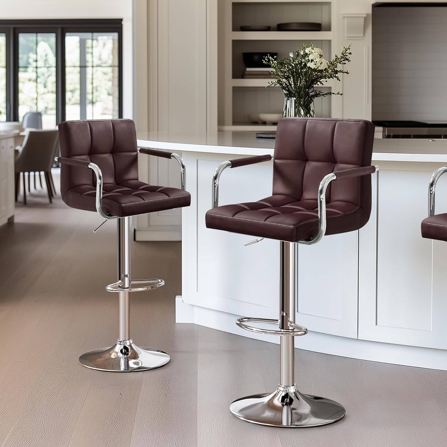 Bar Stools Set of 2 Adjustable PU Leather Swivel Barstools Modern Counter Stools