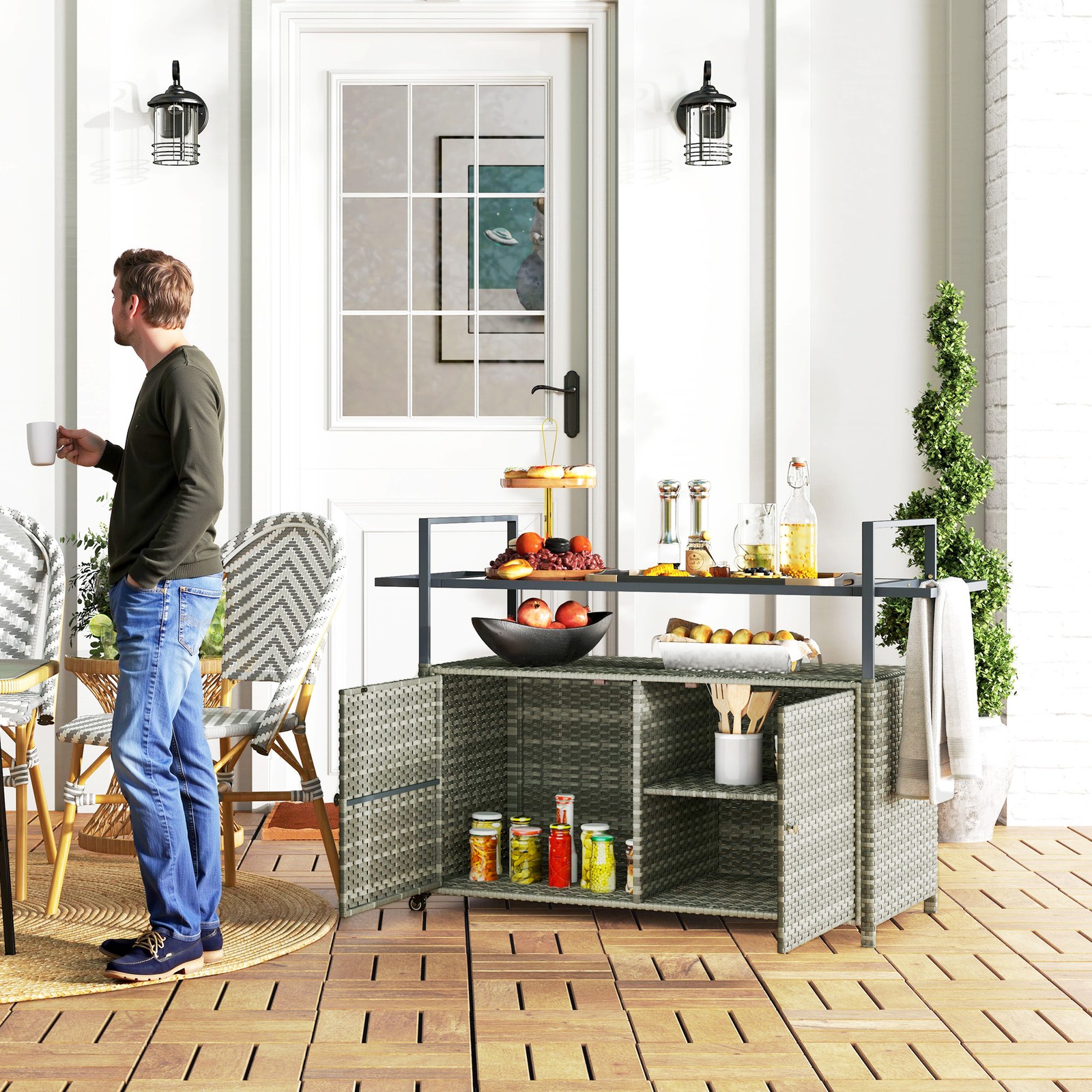 Outsunny PE Rattan Outdoor Bar Table with 2-Tier Shelf, Patio Serving Cart