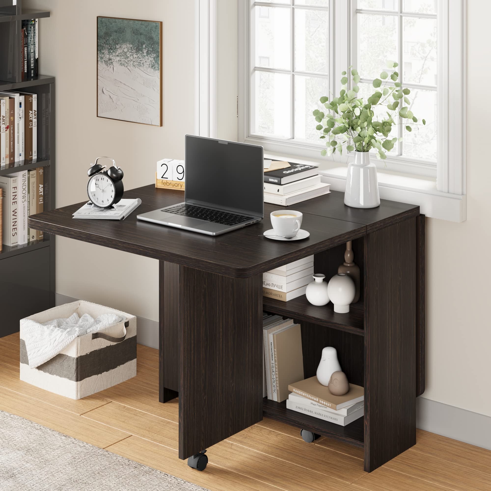 Folding Dining Table with 6 Wheels Storage Racks for Small Kitchen Saving Space
