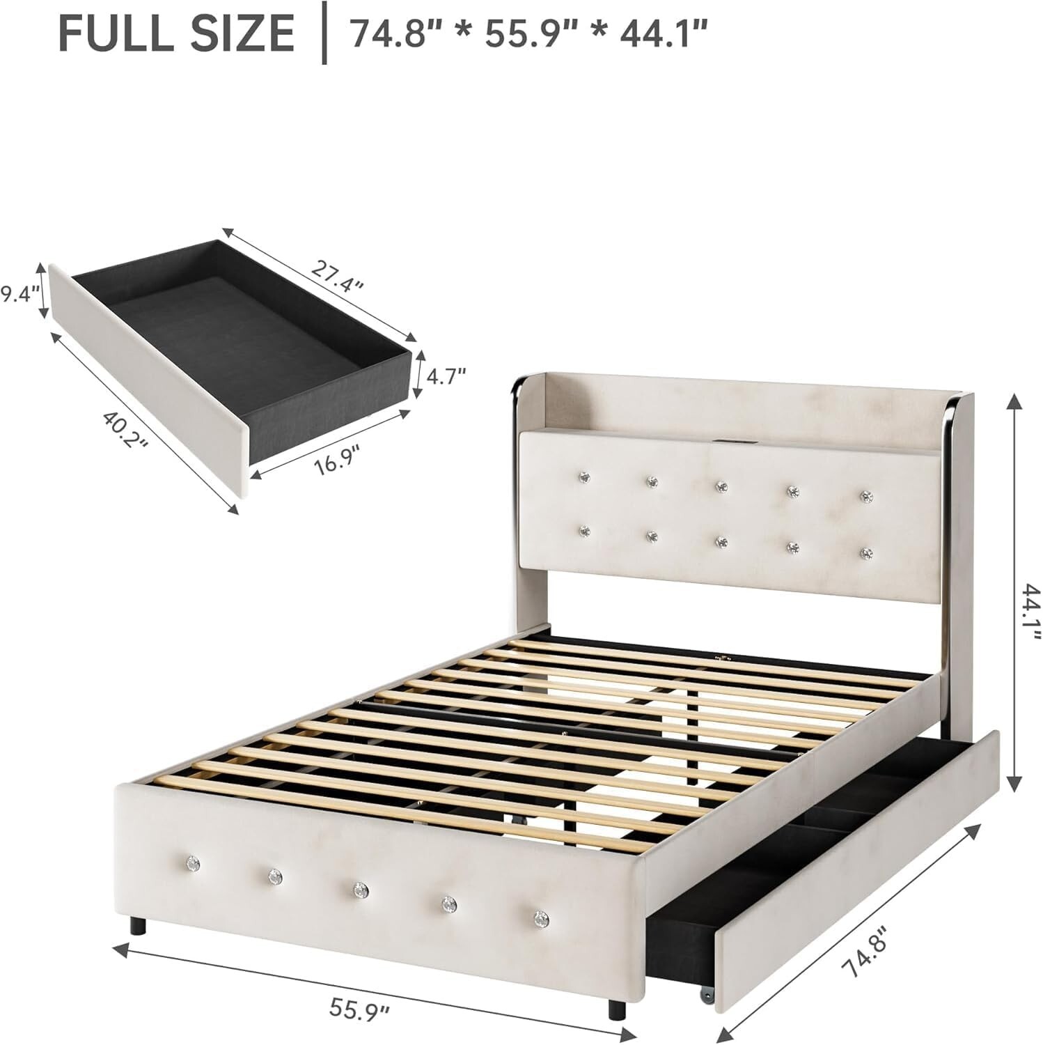Full Queen King Size Bed Frame w/ Diamond Tufted Headboard & 4 Storage Drawers