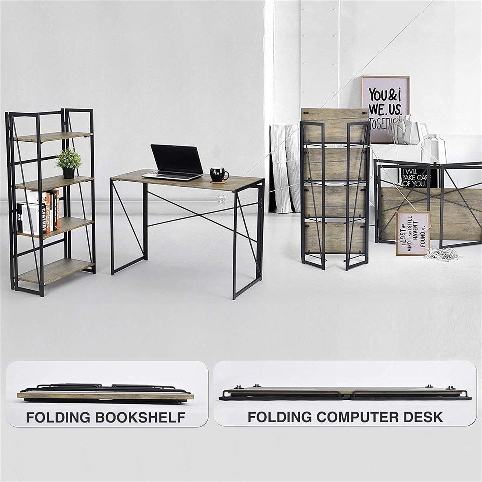 Interior Elements Modern Folding Desk For Home Office, Light Brown Oak, 39″