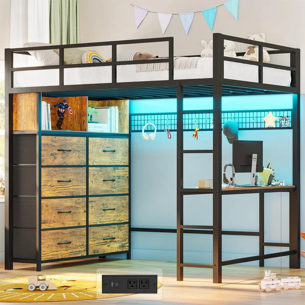 Twin Size Loft Bed with Desk and 8 Storage Drawers Rustic Brown