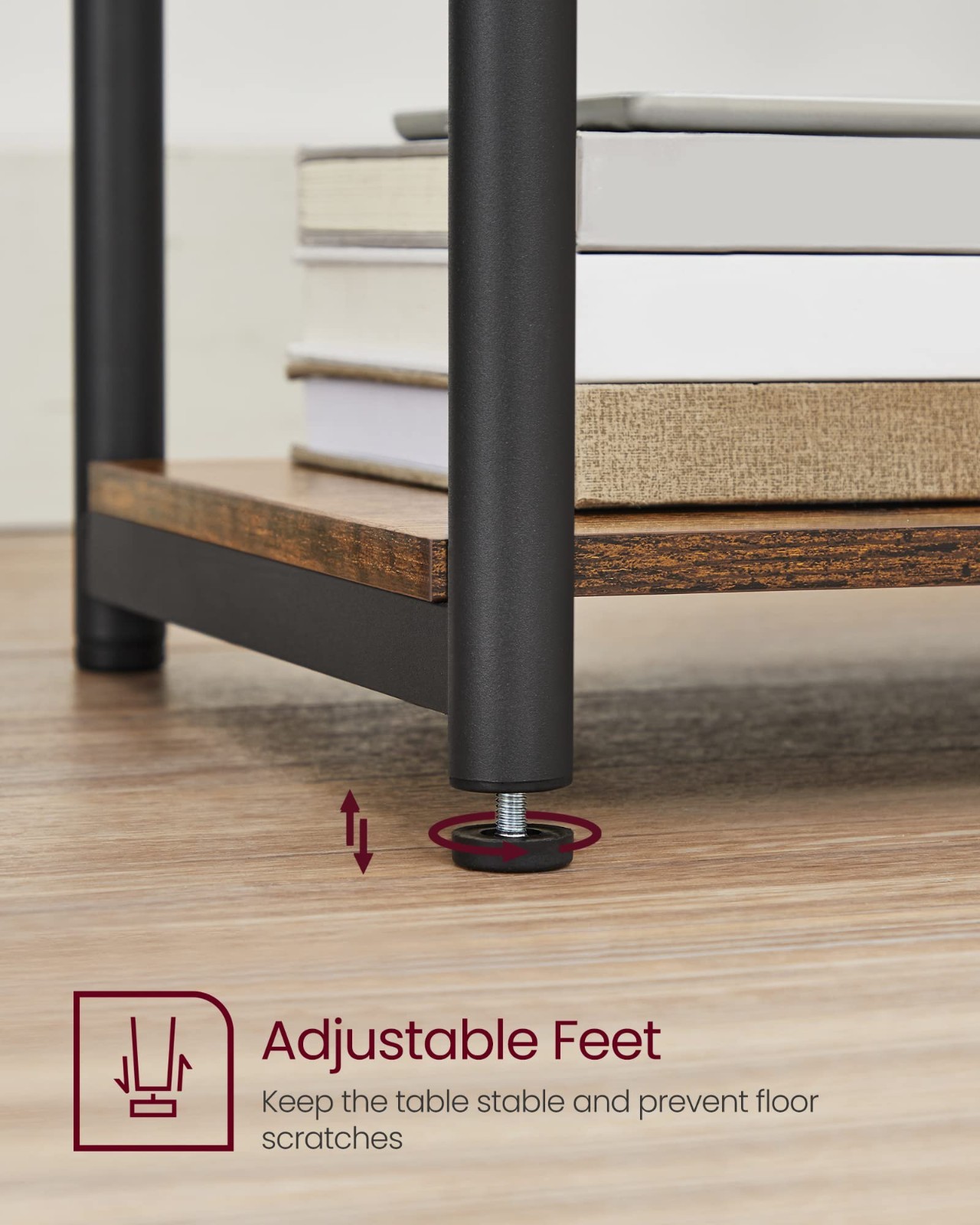 Rustic Brown & Black Small Side Table, Tall Nightstand, Steel Frame for Living R
