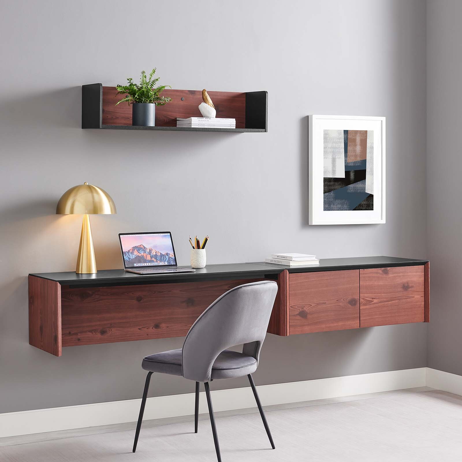 Modway Kinetic 49″ Wall-Mount Office Desk With Cabinet and Shelf in Black Cherry