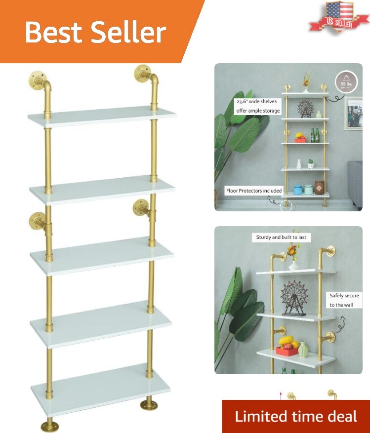 Contemporary Sleek 5 Shelf Modern Gold Bookshelf – Versatile Storage Display