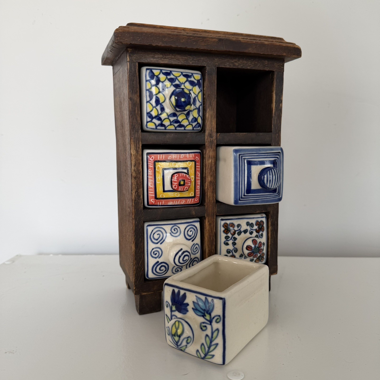 Vintage Pier 1 Ceramic 6 Drawer Apothecary Spice Tea Chest Cabinet Boho MCM