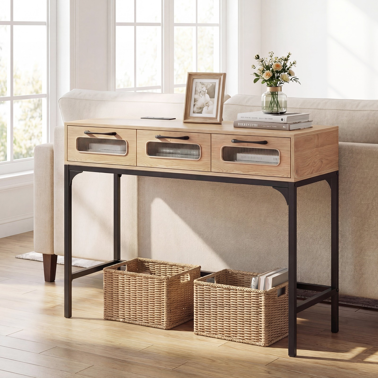 Console Table with LED Lighting & Charging Station,Entryway Table with 3 Drawers