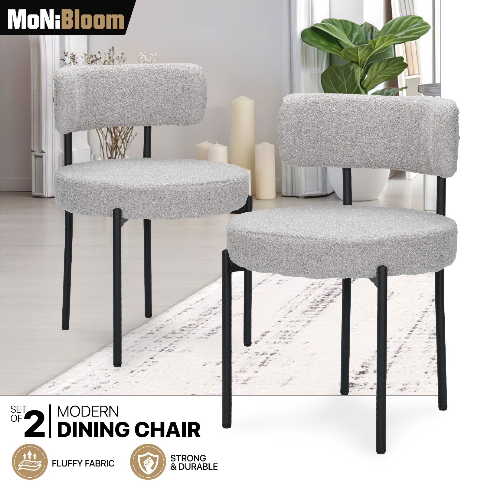 Set of 2 Gray Boucle Fabric Dining Chair Kitchen Dining Room Accent Padded Chair