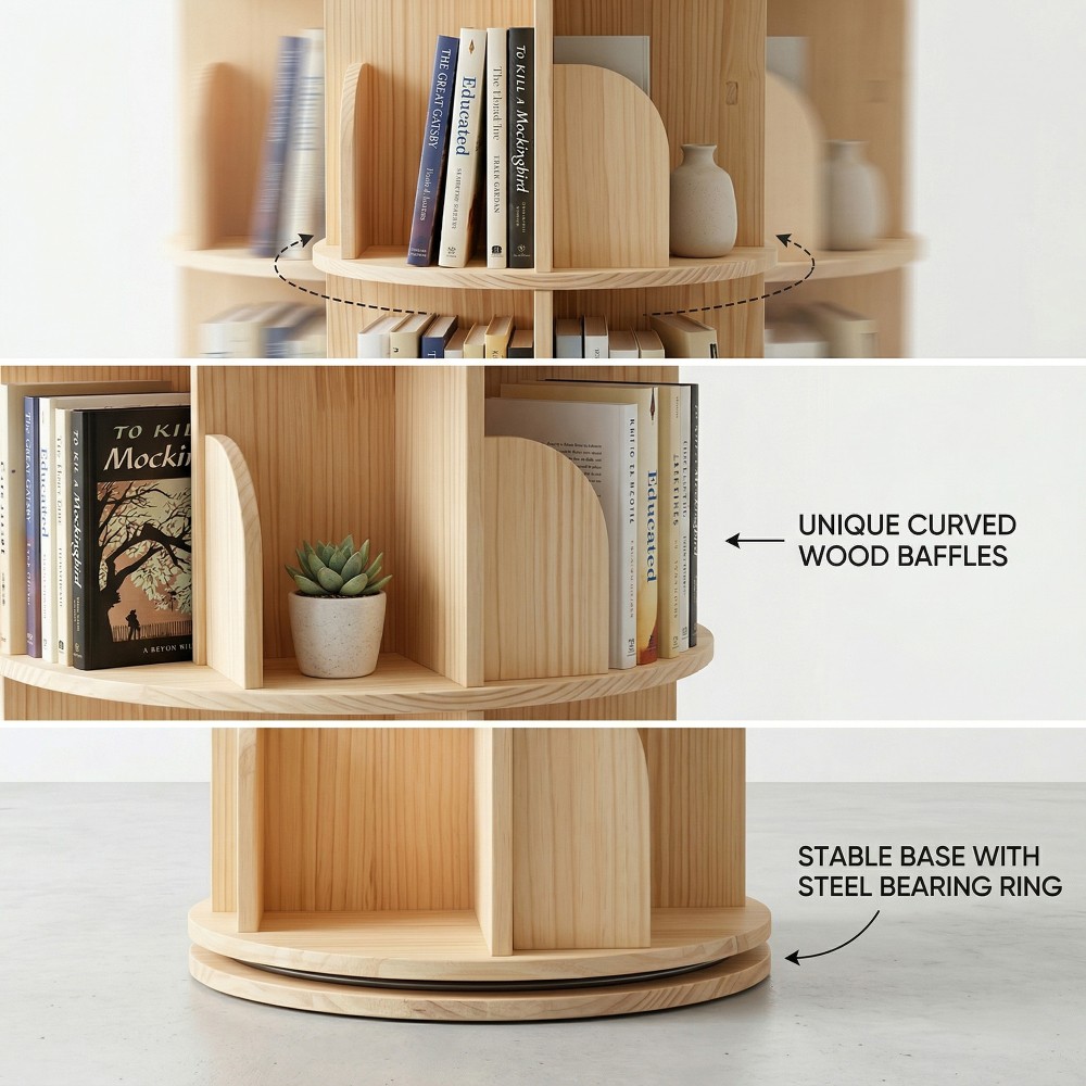4 Tier Rotating Bookshelf,Round Floor Standing Bookcase w/ 360° Spinning Storage