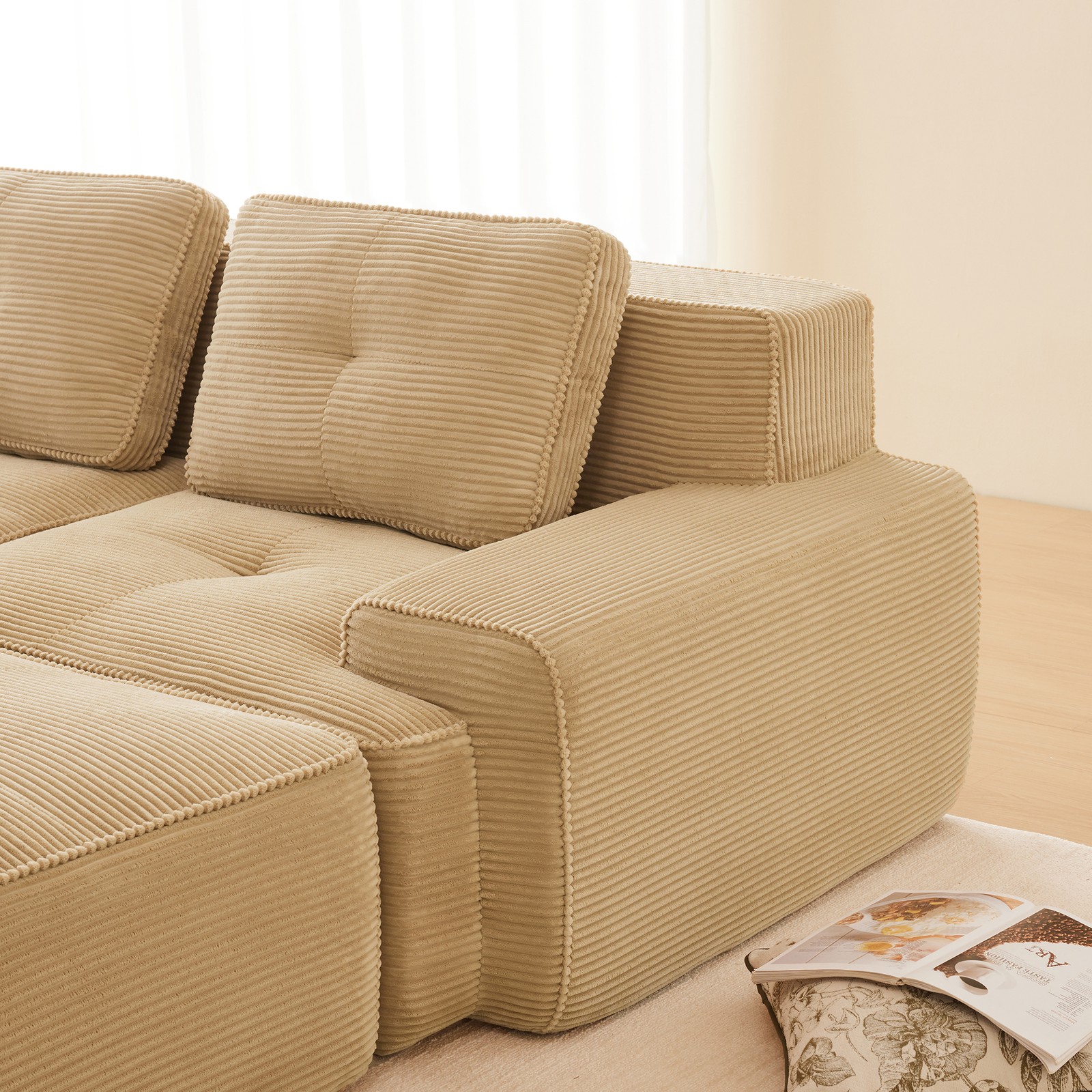 117 Inch Modern L Shaped Corduroy Sofa Camel 3 Seat Deep Plush Comfy Couch