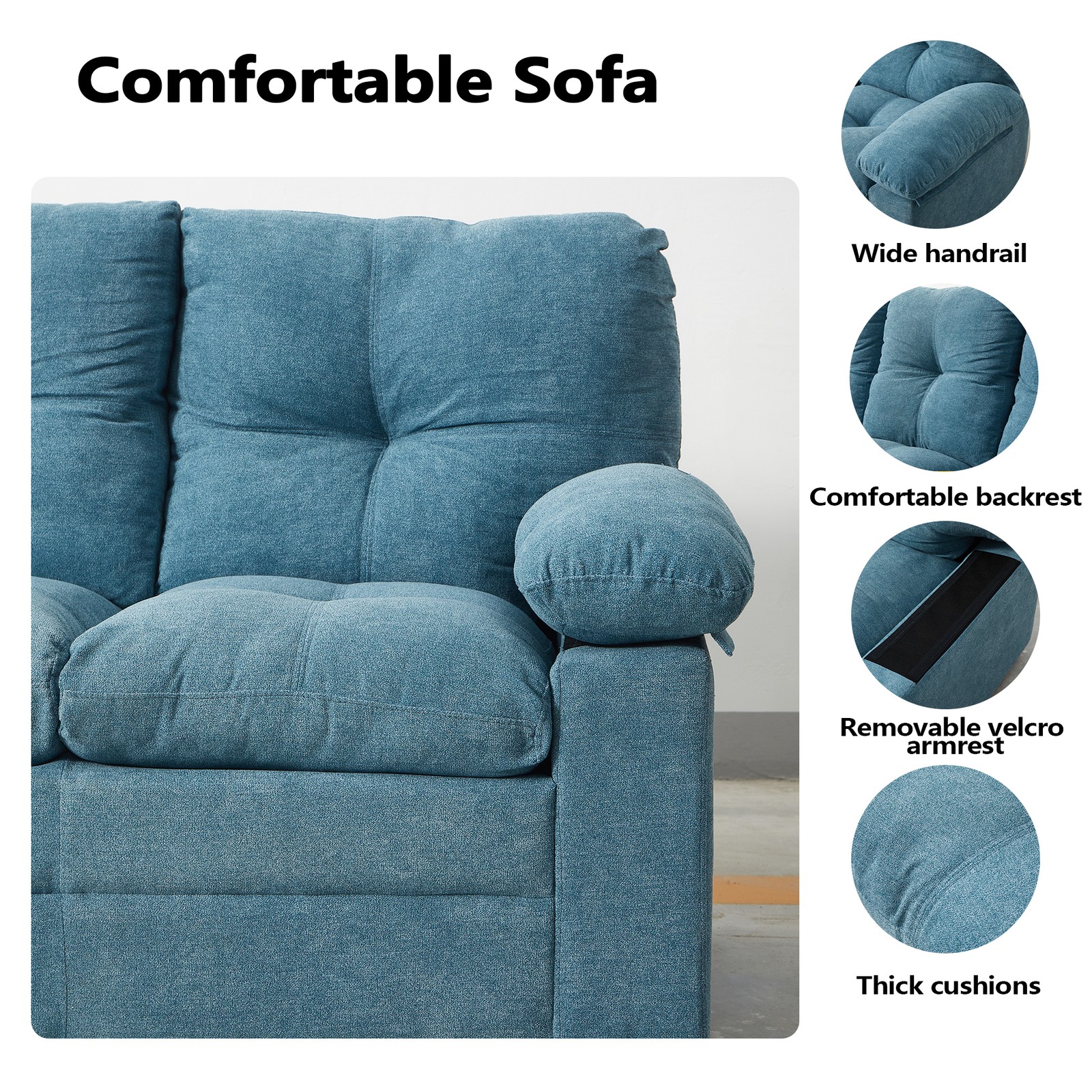 Hybiton Modern 3 Piece Sofa Set Linen Recliner Chair & Loveseat & Sofa – Blue