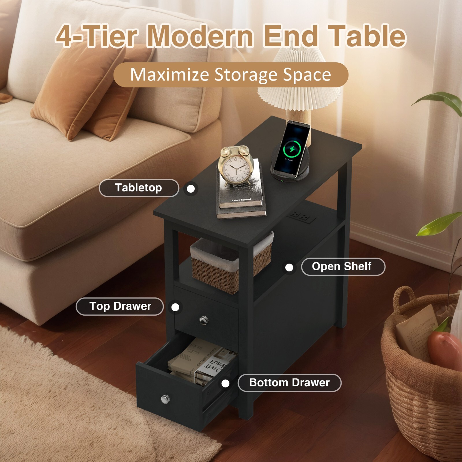 End Table with Charging Station Storage Side Table Narrow Nightstand Sofa Table
