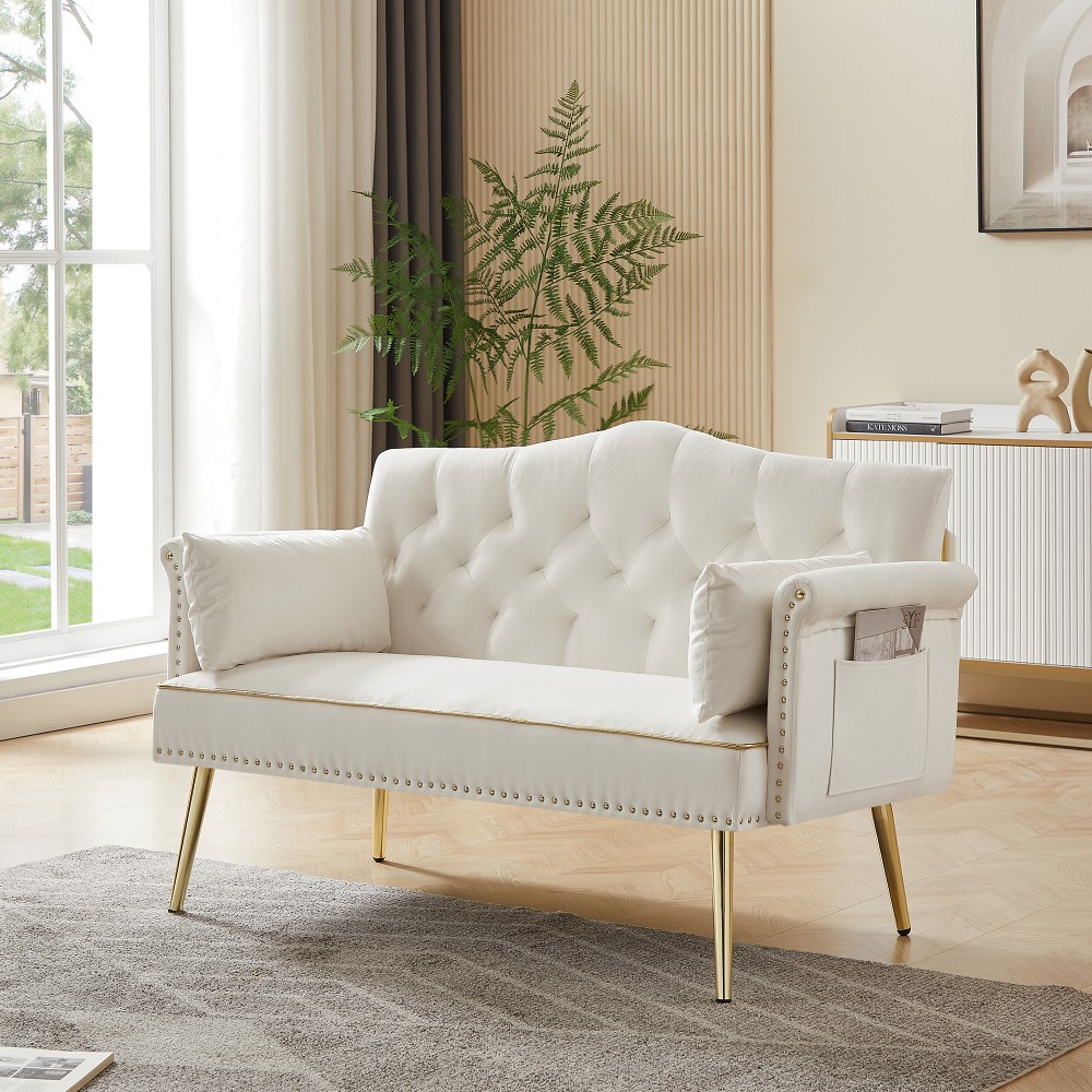 Tufted Velvet Loveseat Cream White, Small Sofa for Living Room Bedroom