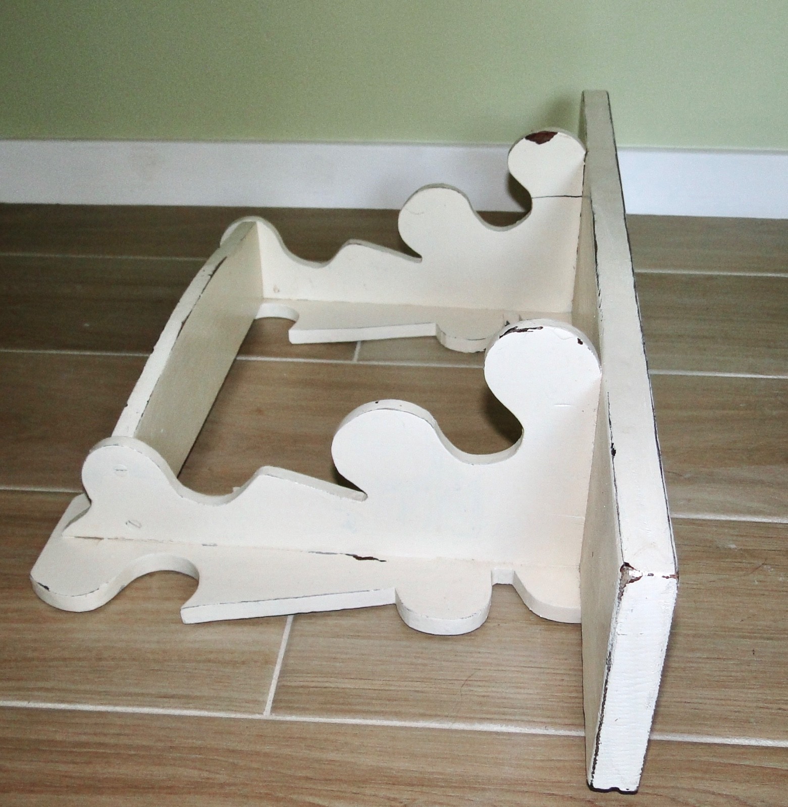 Vintage Heavy Wood WALL SHELF Painted WHITE CHIPPY FARMHOUSE ~2 Tiers~ 21″ Wide