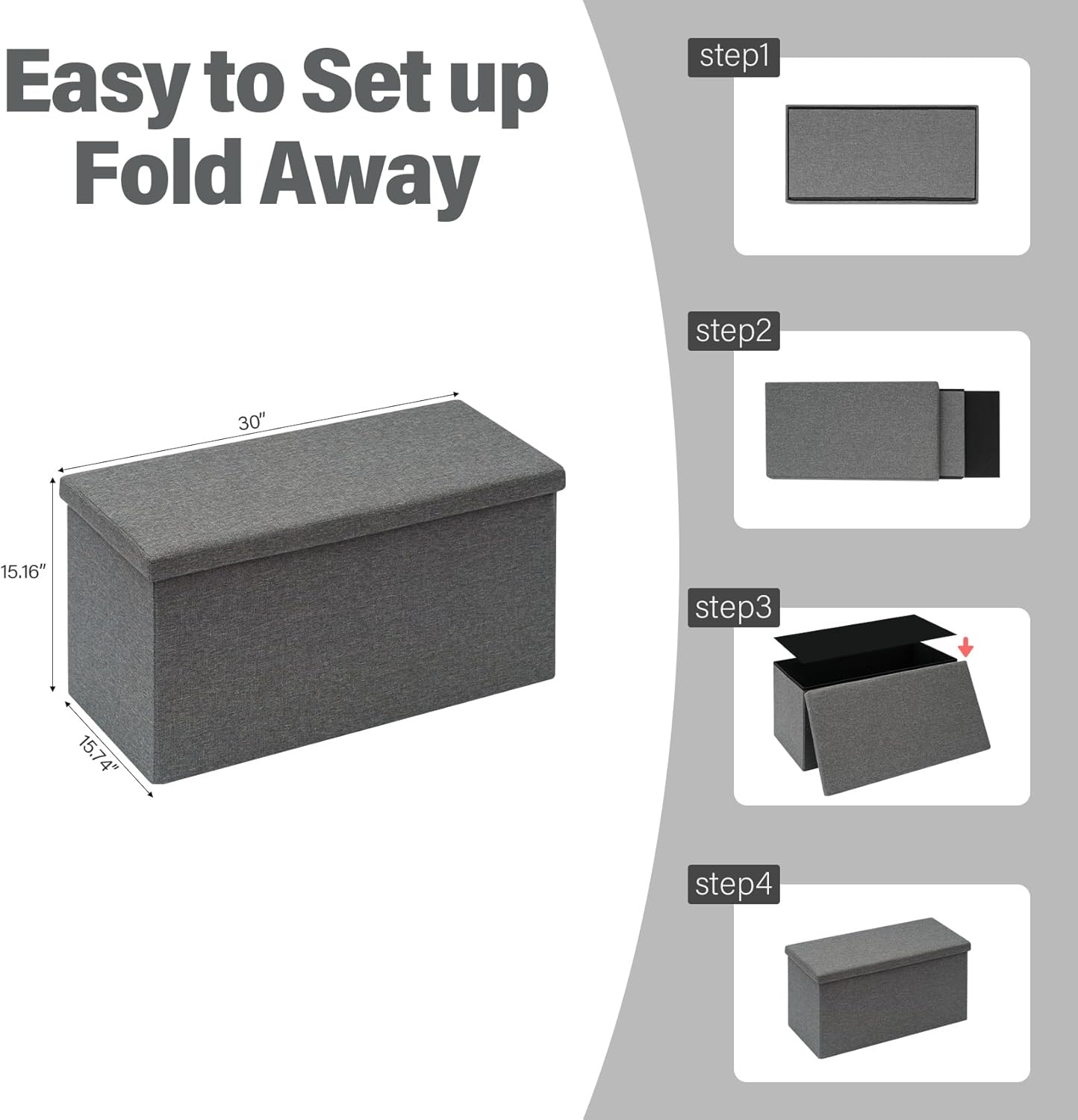 Versatile Folding Storage Ottoman Bench, 30″ Grey Cube, 550 lb Capacity