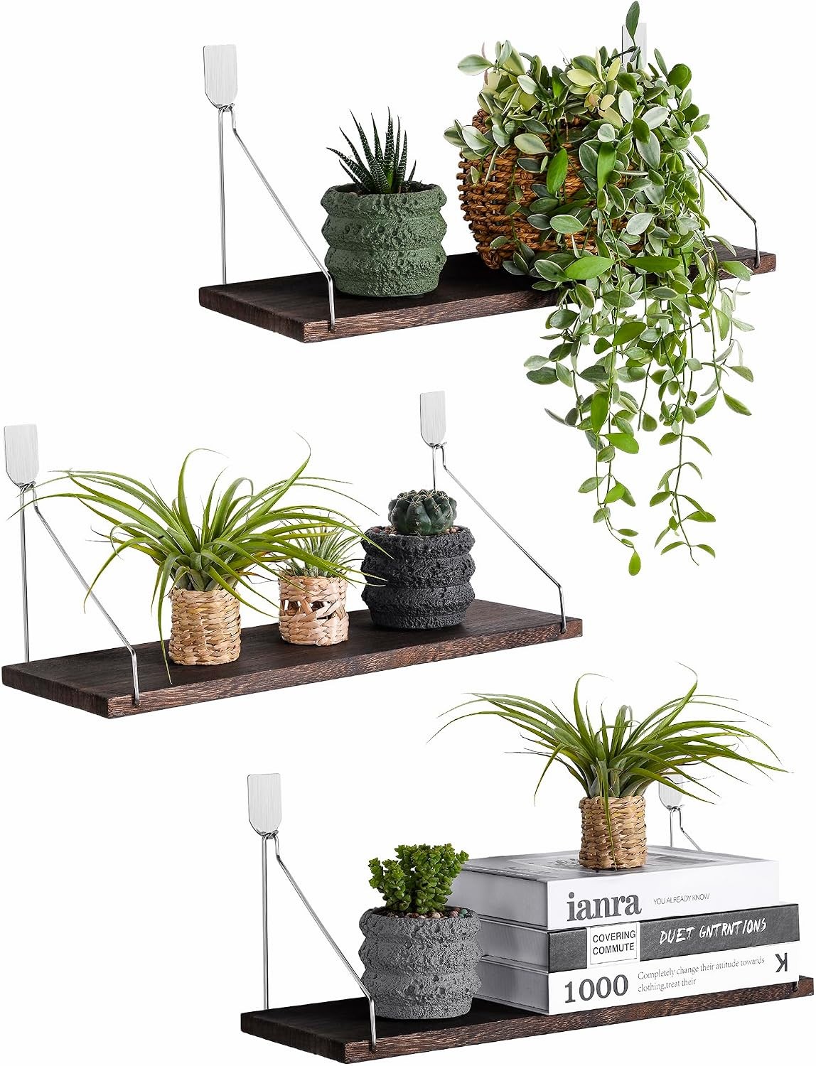 2 Pack Rustic Wood Floating Wall Shelves No Drill Adhesive Renter Friendly Decor