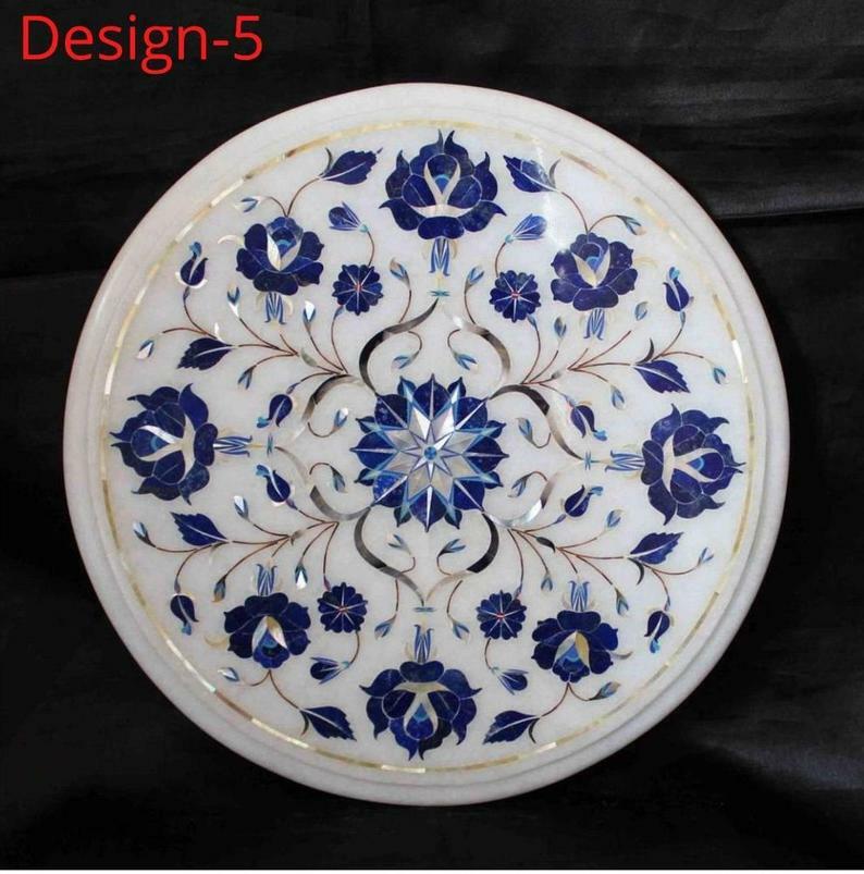 18″ white Marble Coffee round Table Top Semi Precious Stones Inlay lapis
