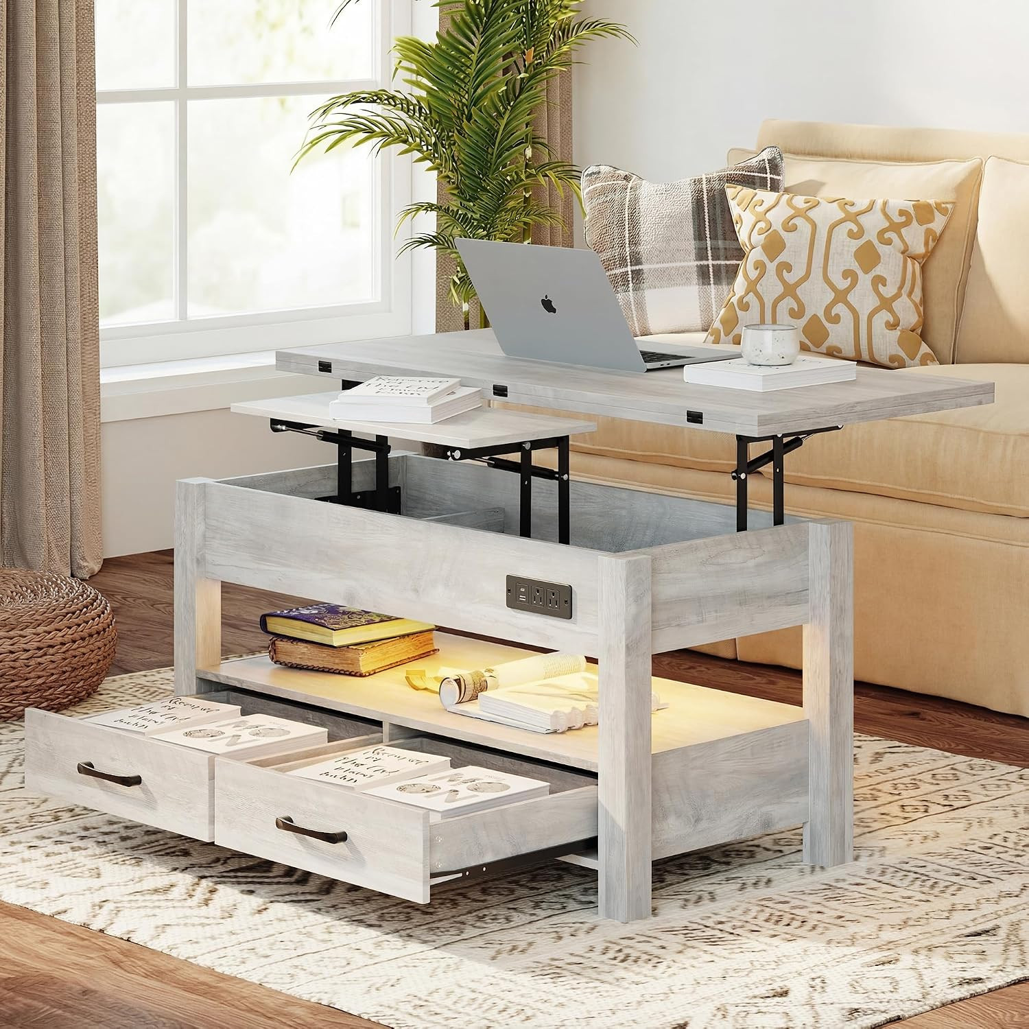 Modern 40″ Lift Top Coffee Table with Storage, LED Light & Charging Station