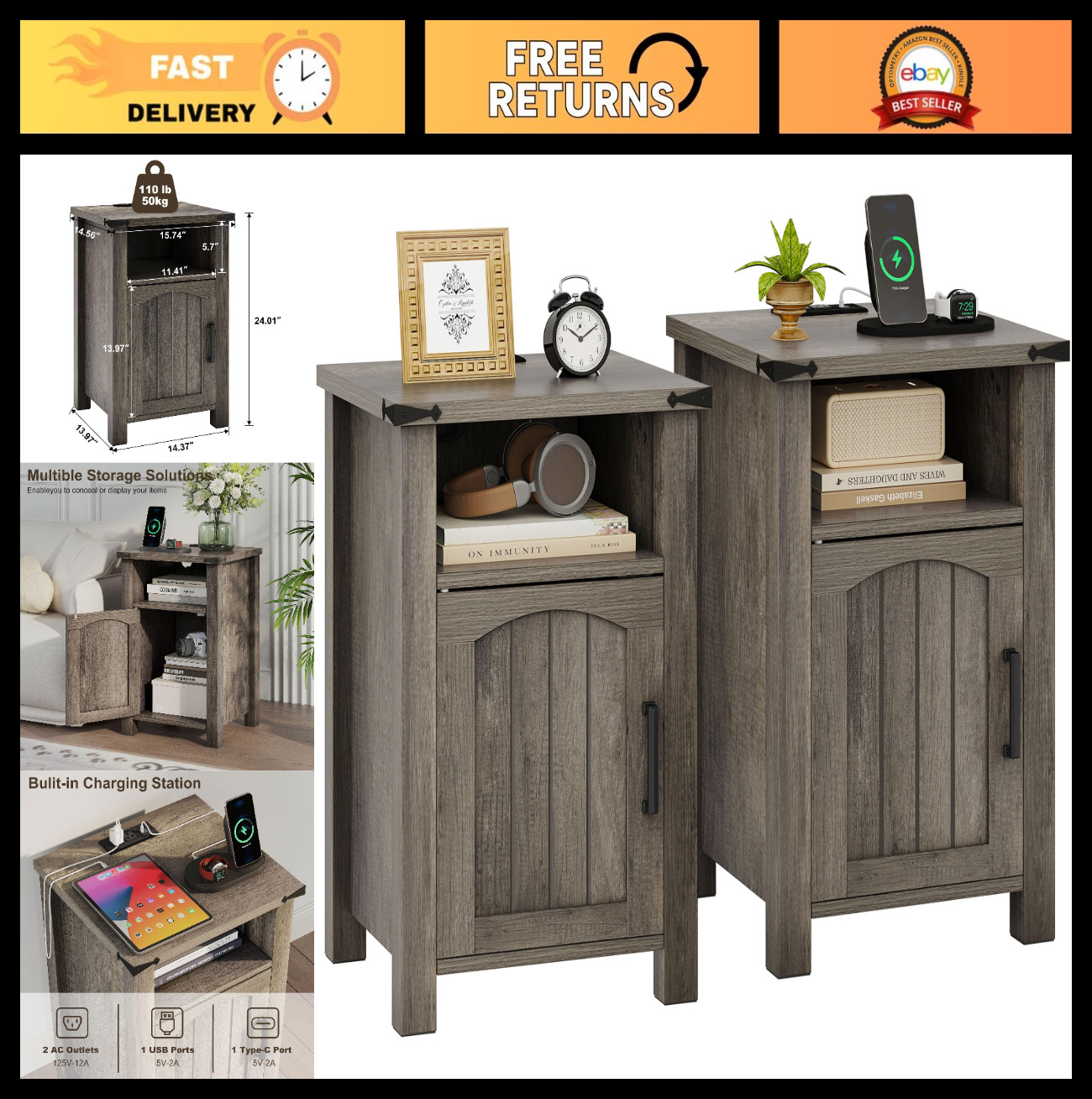 Rustic Farmhouse Nightstand Set of 2 with USB/Type-C Charging Ports & Storage