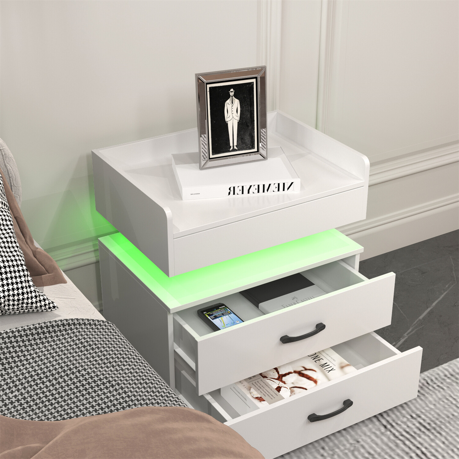 LED Nightstand Bedside Table End Table Side Table w/ 2 Drawers White/Gray/Black
