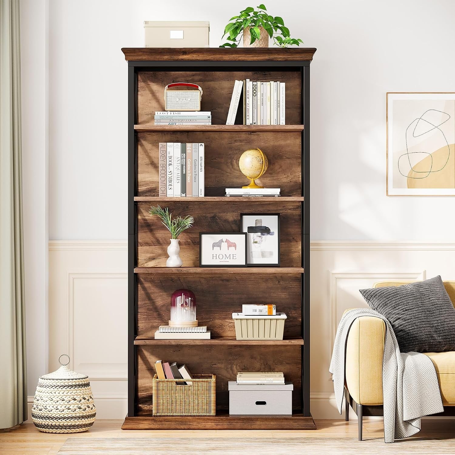 6-Tier Bookshelf, 70.87″ Etagere Metal and Wooden Bookcase for Home Office