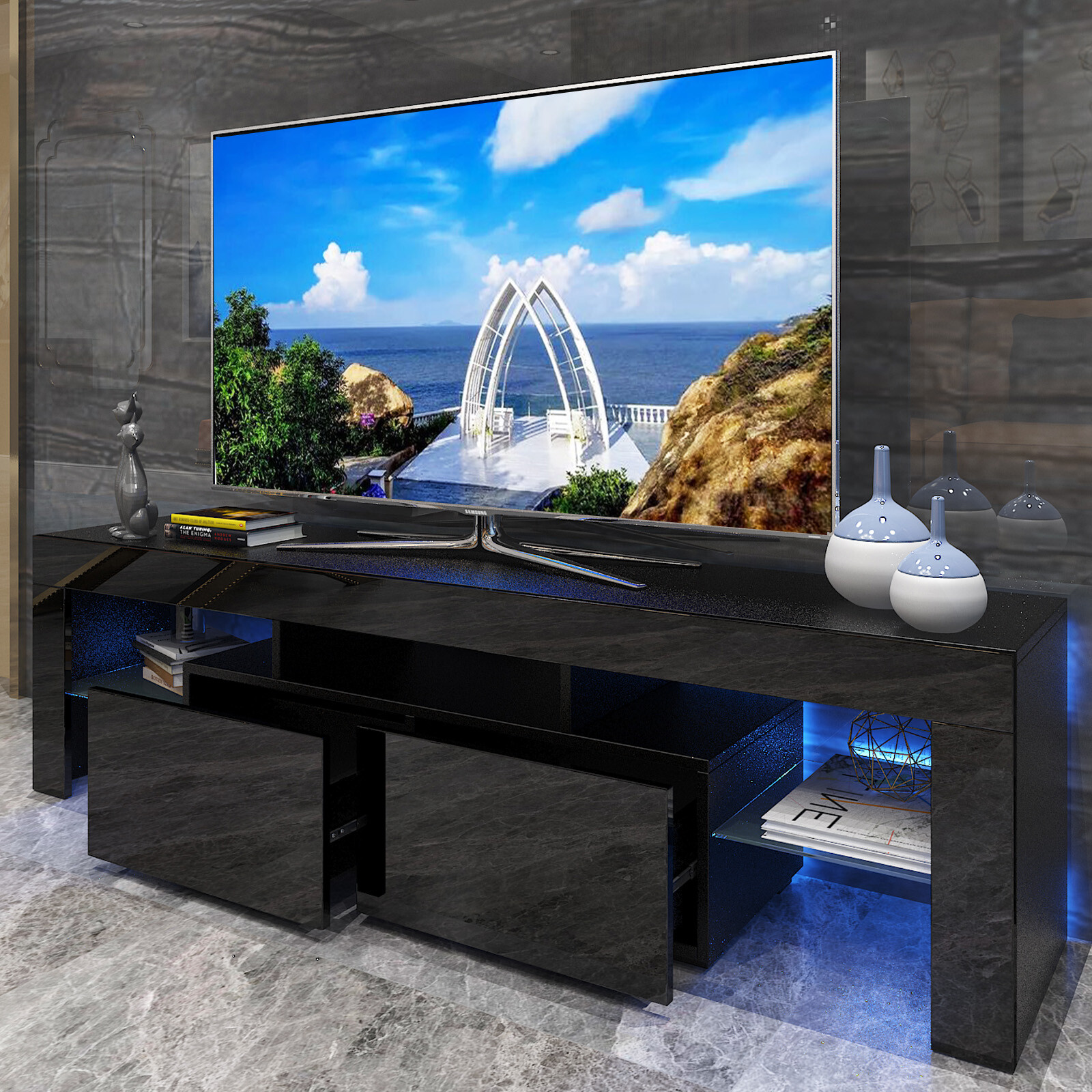 Modern Glossy LED TV Stand Entertainment Unit Console Media Table for 65″ 70″ TV