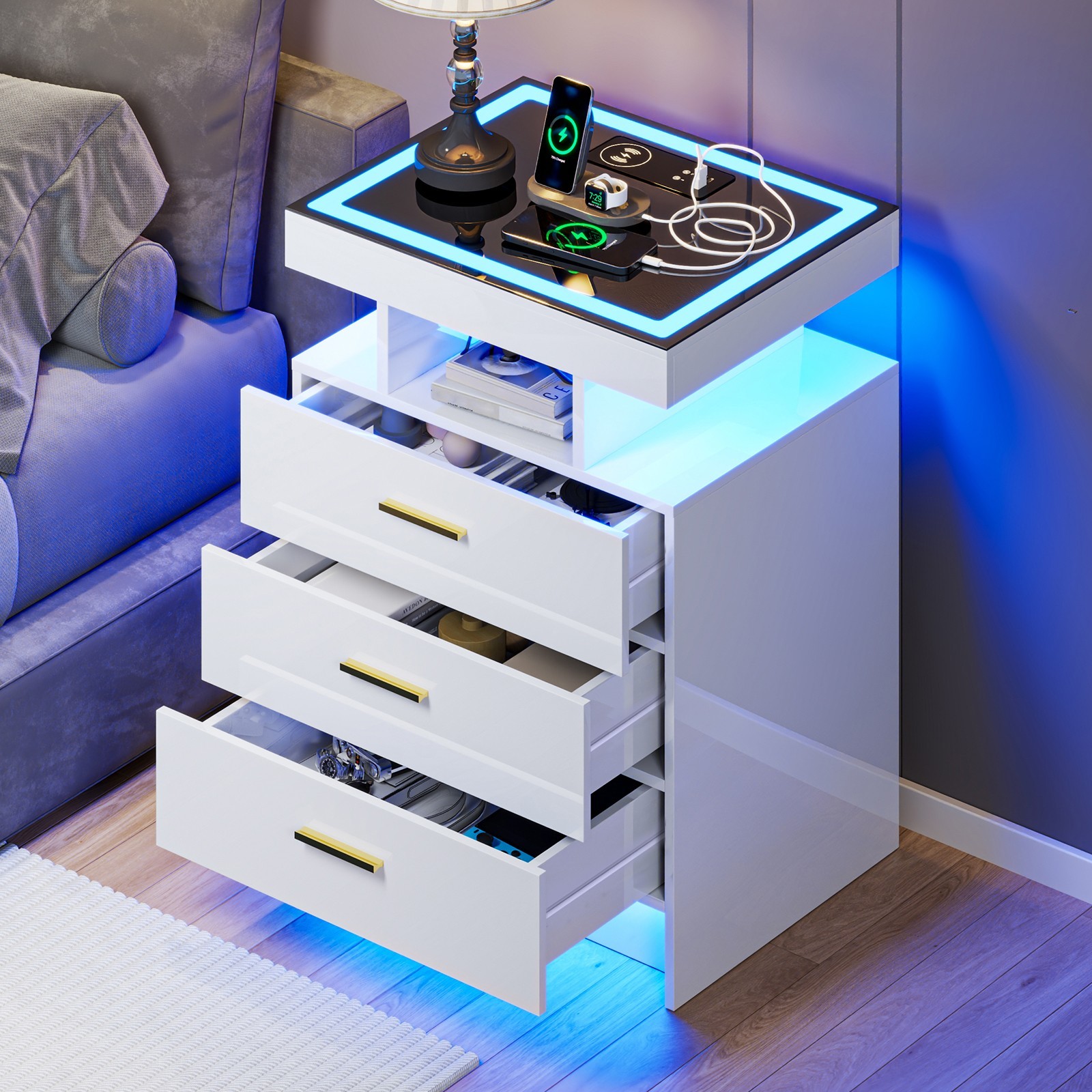 Night Stand with Charging Station & 3 Drawers, End Table with 3-Color LED Lights