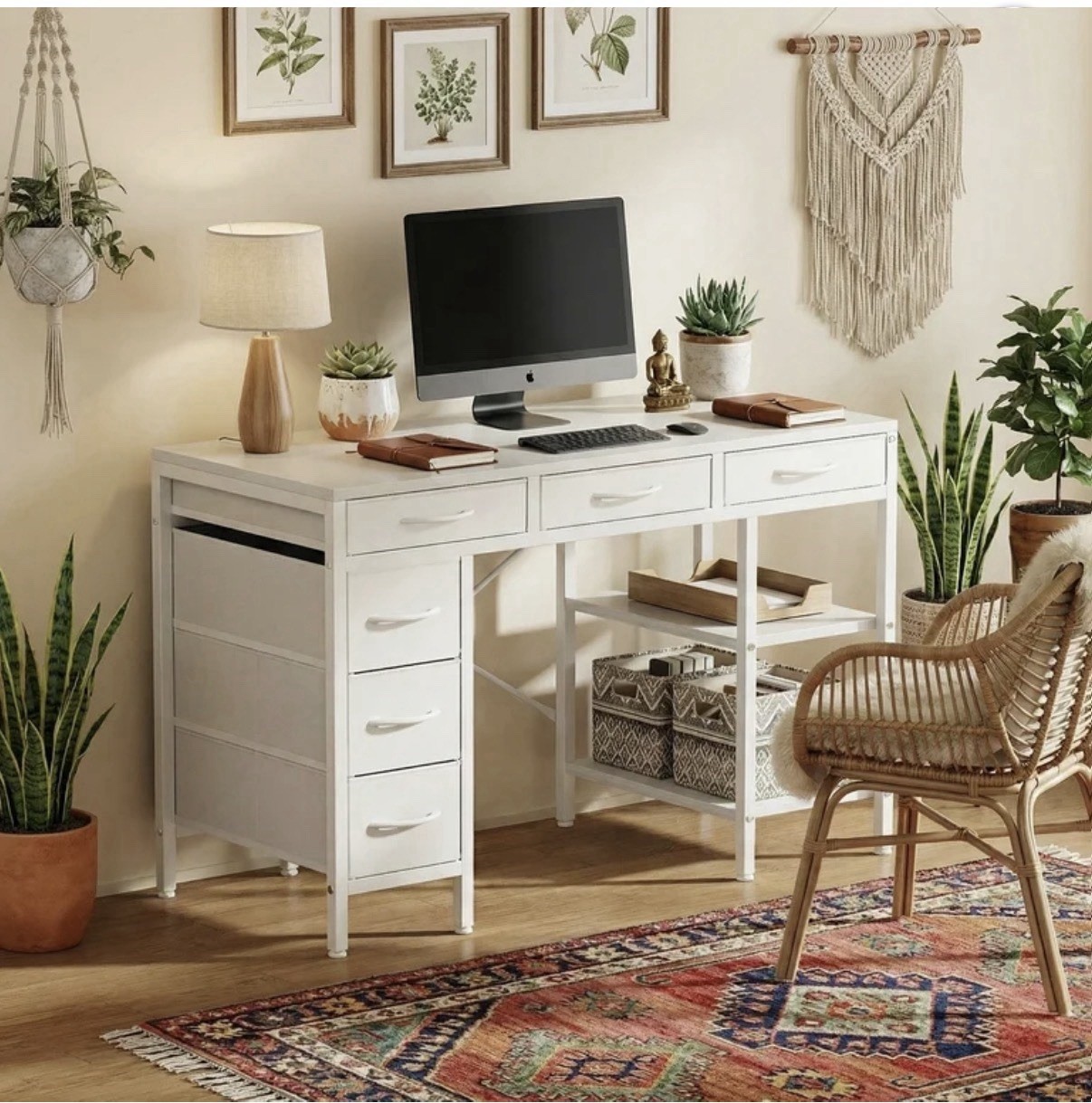 CONCETTA 55” Computer Desk w/ 6 Drawers & Shelves Modern Home Office White